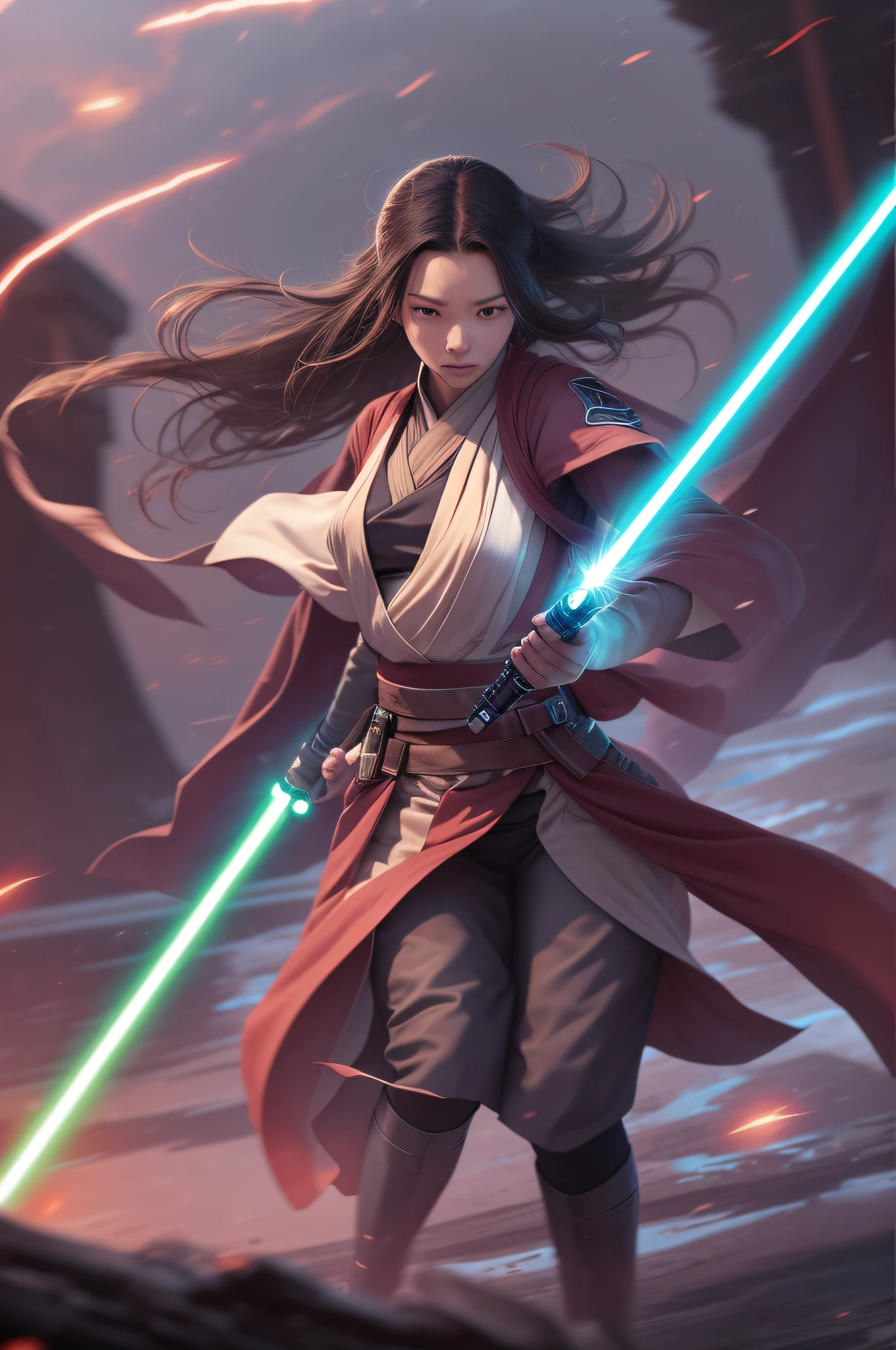 Female Jedi general, lightsaber in each hand, Asian, flowing hair, in battle, full body, anime, poised, 4k