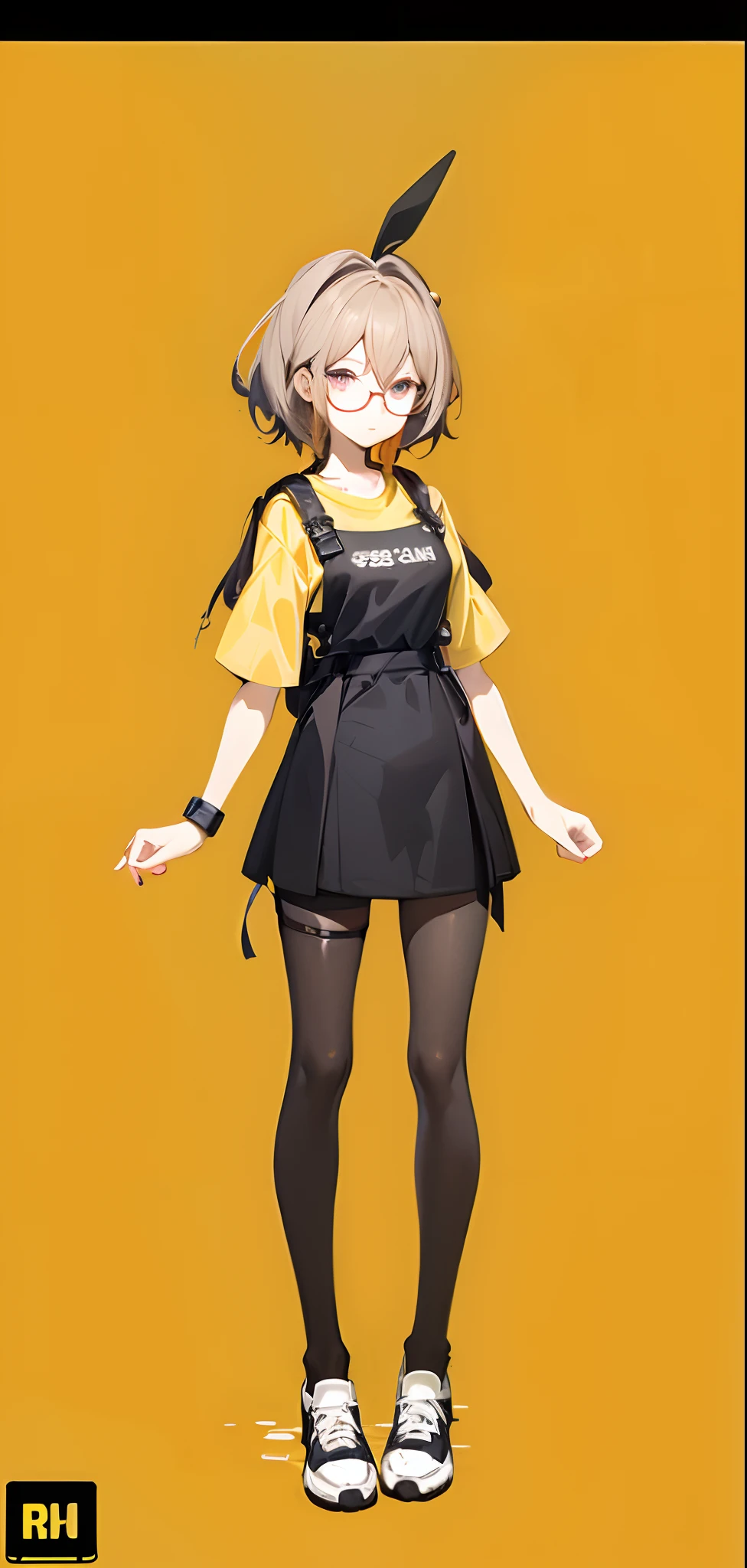 Anime girl in black and yellow costume with black hat, anime full body illustration, Full body illustration, full body portrait of a short!, anime style character, full body character portrait, character full body portrait, Single character full body, clean and meticulous anime style, full body character, full-body portraits, Style anime, modern anime style