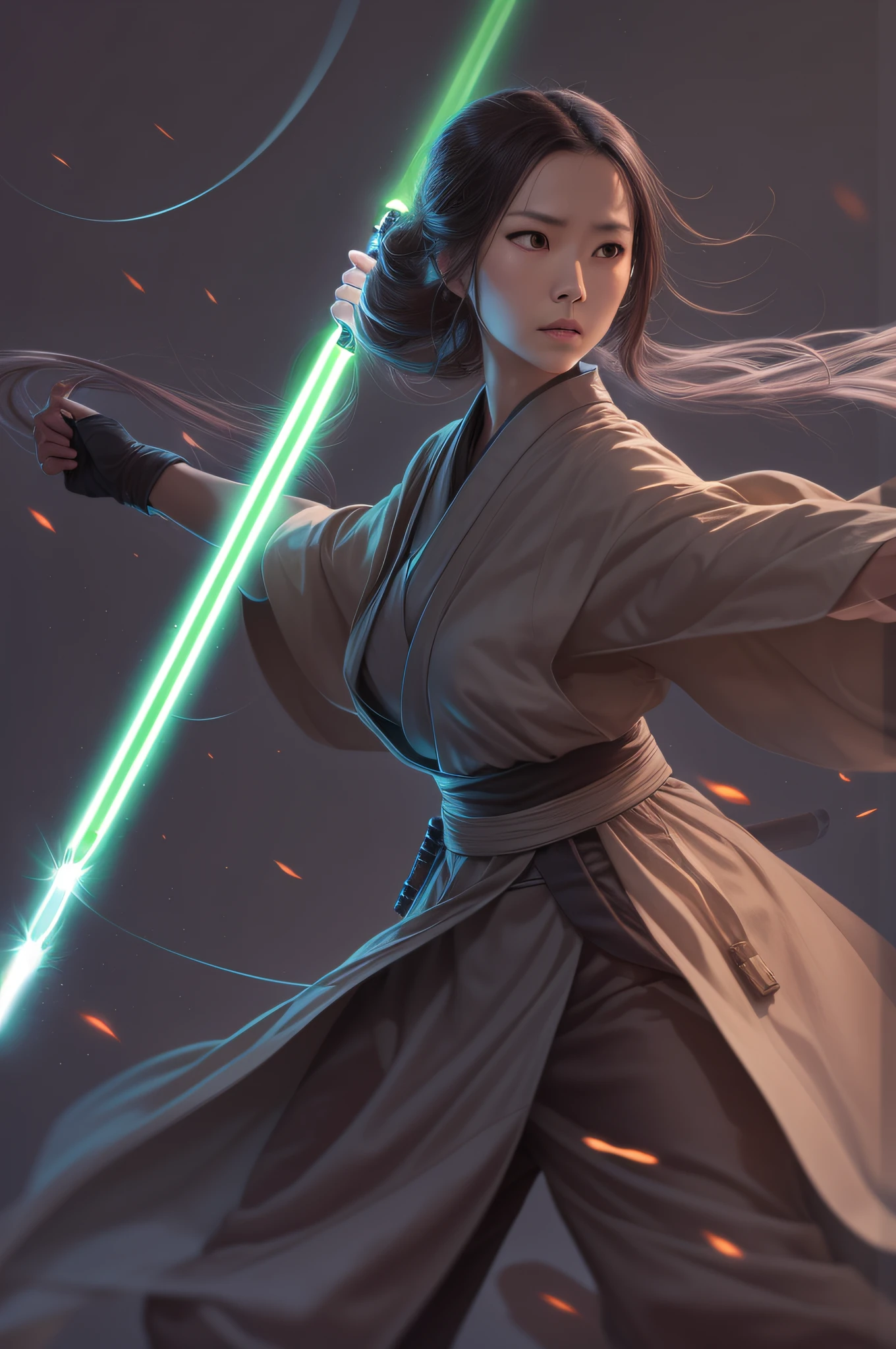 Female Jedi general, lightsaber in each hand, Asian, flowing hair, in battle, full body, anime, poised, 4k