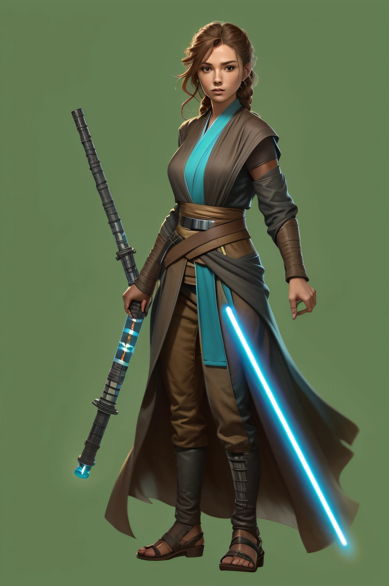 Illustrated character concept art of a female human Jedi knight, star wars, slender physique, wild brown braided hair blows in the wind, Jedi robes and tunic, black belt, carrying two turquoise lightsabers, highly detailed, establishing shot, star wars concept art, wild and free