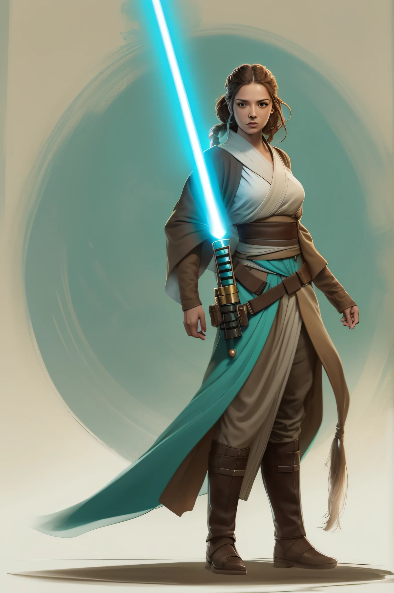 Illustrated character concept art of a female human Jedi knight, star wars, slender physique, wild brown braided hair blows in the wind, Jedi robes and tunic, black belt, carrying two turquoise lightsabers, highly detailed, establishing shot, star wars concept art, wild and free