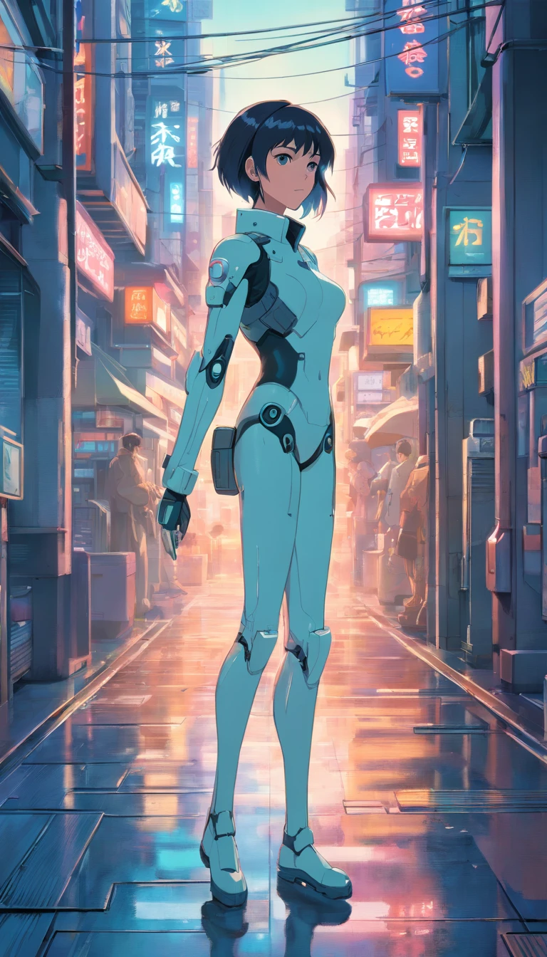 Ghost in the shell in the 90s retro anime style, droid, sci-fy, Futuristic, surrealism, akira style, Installed, detailed line art, Fine details, Greg Rutkowski Makoto Shinkai Key Art of Kyoto Animation Female gaze-level shot