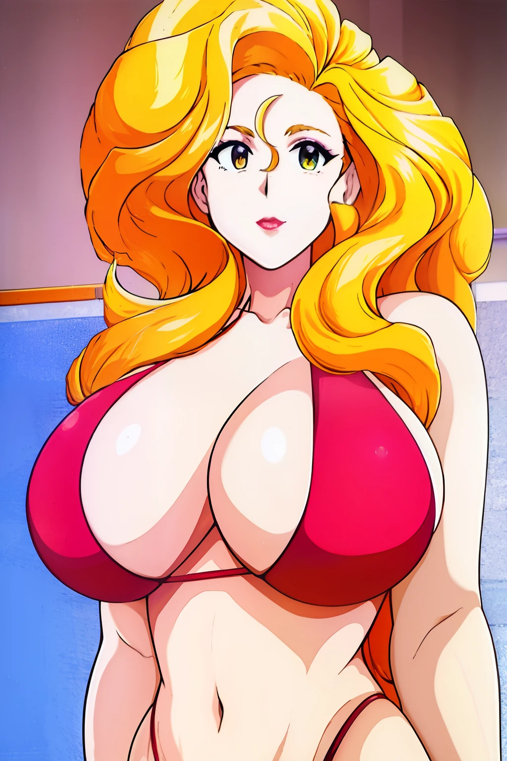 (Reiko Akimoto), (sleeveless, pink police uniform), embarrassing big smile, (masterpiece, best quality), delicate illustration ultra-detailed, sagging gigantic huge breasts, (in police box, counter desk, crowded), ((showing hairy armpit hair)), upper body only, sweating, hand behind head, stomach hair, bukkake, cum shot, hentai atmosphere, blonde, big hip, condom belt