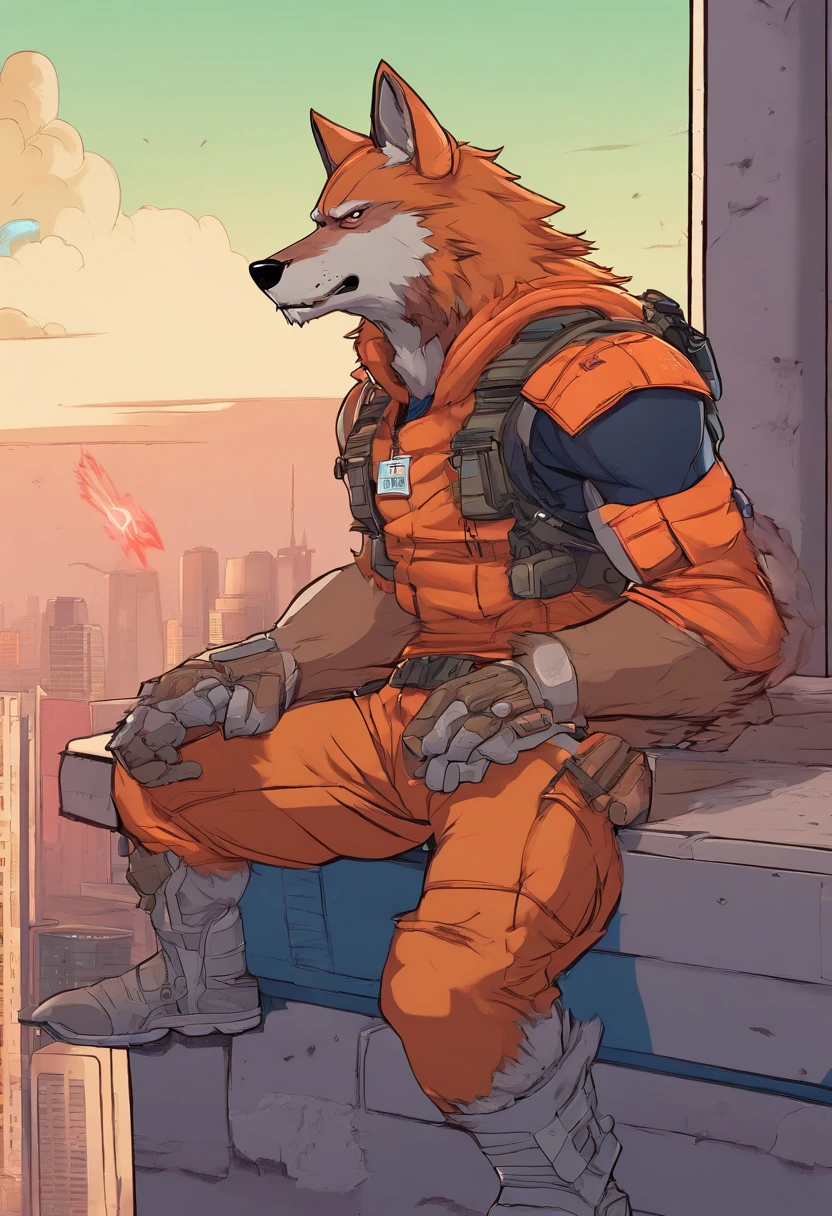 A closeup of a cartoon character sitting on a ledge, bom gigante mecha wolf hound, furafinidade peluda, anime peludo, resting after a hard mission, Raposa McCloud, Jetstream Sam de Metal Gear, sfw version, Wolf O'Donnell, cara de armas pesadas, arte peluda pov, lobo peludo, lobisomem musculoso, (SFW) seguro para o trabalho
