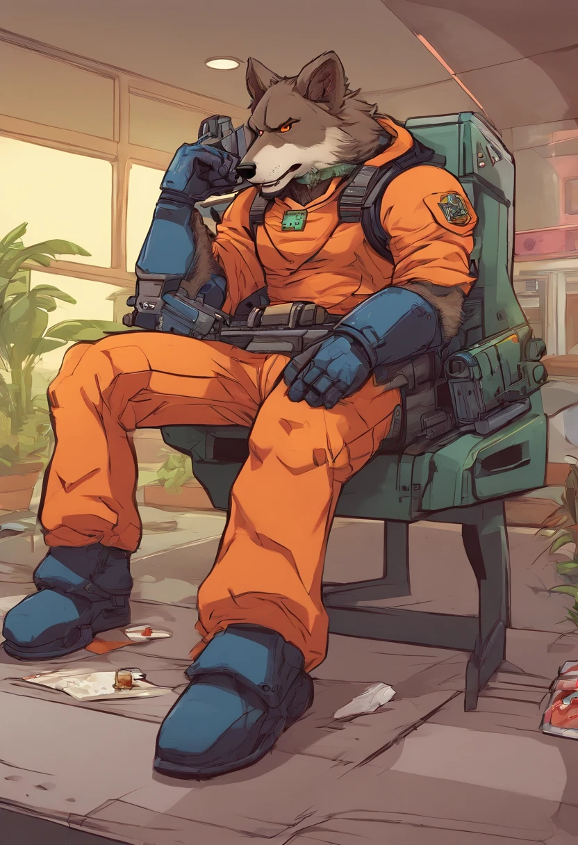 A closeup of a cartoon character sitting on a ledge, bom menino gigante mecha wolf hound, furafinidade peluda, anime peludo, resting after a hard mission, Raposa McCloud, Jetstream Sam de Metal Gear, sfw version, Wolf O'Donnell, cara de armas pesadas, arte peluda pov, lobo peludo, lobisomem musculoso, (SFW) seguro para o trabalho
