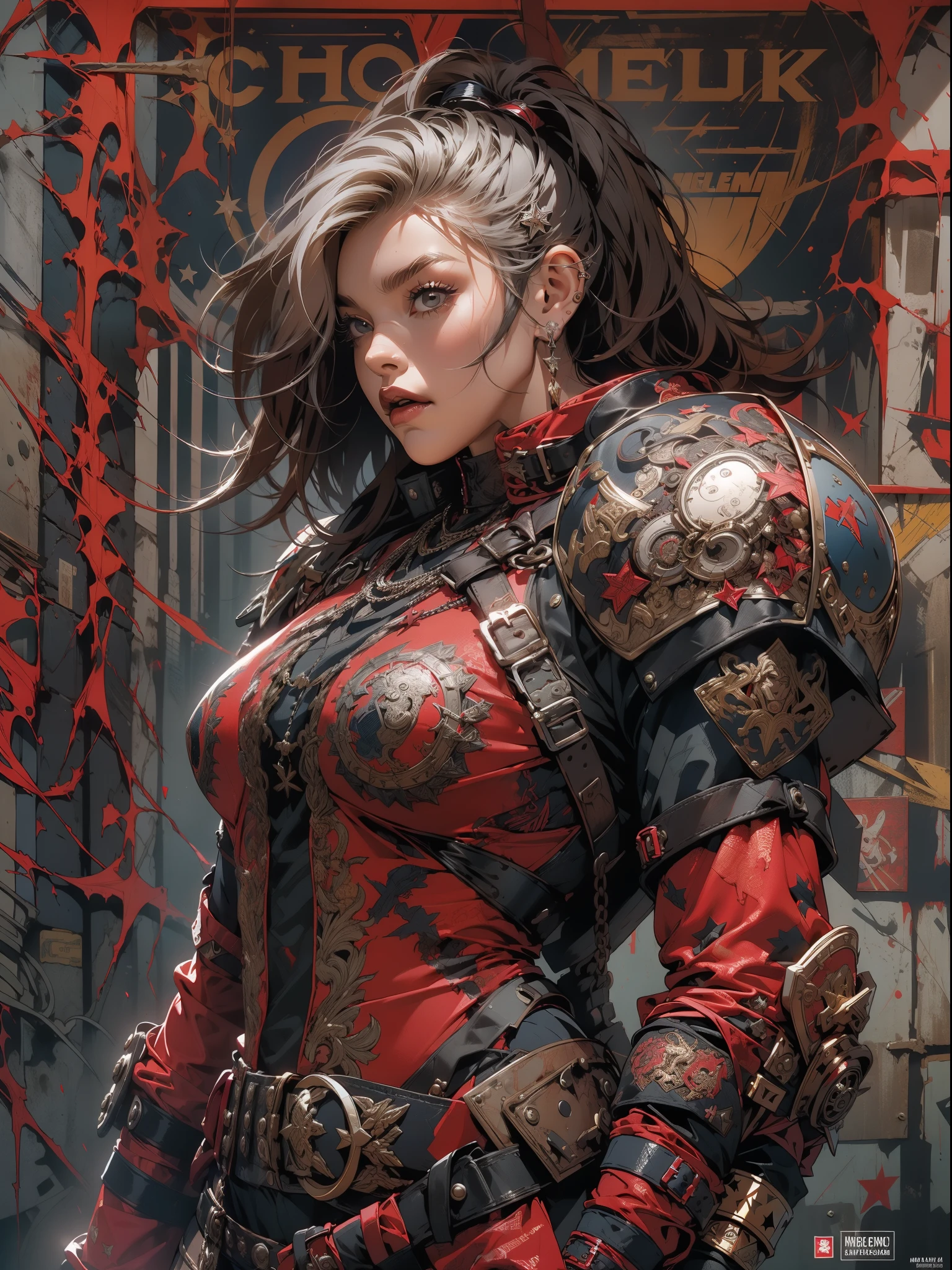 (((mulher))), (((melhor qualidade))), (((obra prima))), (((adulto))), (((1girl))), ((( corte de cabelo bob ))), Uma gladiadora cyberpunk mulher de 25 anos com corpo perfeito, shoulder pads with metal spines, Gladiadores do Brooklyn, (( corte de cabelo bob )), tiny leather panties, camiseta de time de rugby rasgada, quase nua no estilo selvagem urbano de Simon Bisley para a capa da revista Heavy Metal, Cabelo loiro curto, Minimum clothing, Metal protection on the left arm with intricate graphics, Dark red with white stars and white and navy blue checkerboard pattern, armadura, cheio de pontas e rebites, (((do joelho pra cima))), cabelos loiro branco curto, no fundo uma parede pintada por Shepard Fairey com um design intrincado