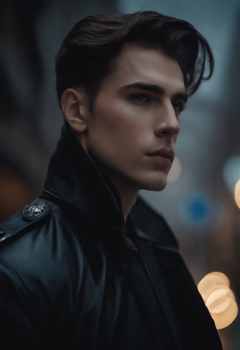 There is a young man, brunette color hair, Stare to the side, Gloomy air, Masterpiece, Best quality, Realistic, 1 man, Male focus, Handsome, [Thick eyebrows], Portrait, Extremely detailed face, Black hair, (Short hair)