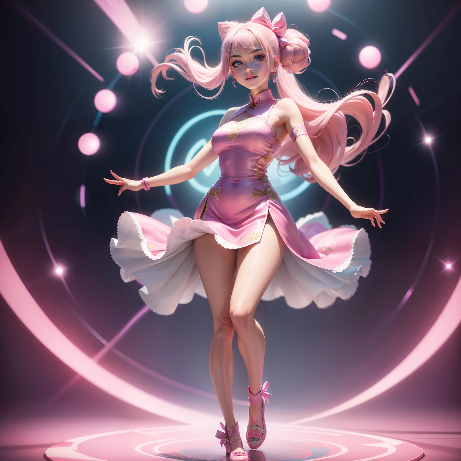 Barbie, ((Full body)), Blue eyes, Smiling face, Hair loss swaying in the wind, Hip Hop Singer Pose, Dressed in hip-hop style, Wearing a pink cheongsam that reflects light like a ball of mirror glowing with sequins, With a pink bow on the arm, Fashion, Extremely high quality, high details, 8K, clean back ground, in studio, ((Full body shot)),Fingers are realistic,Accurate Hand Modeling,