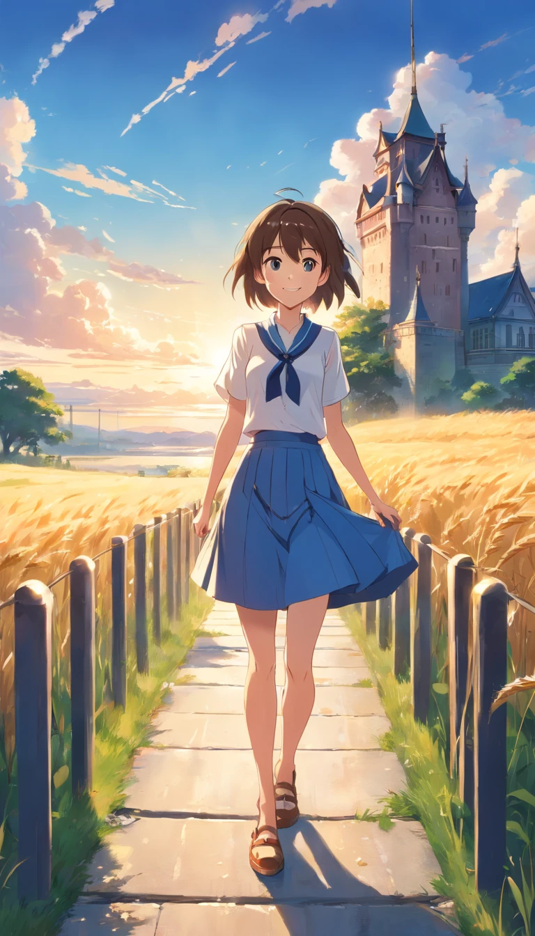 (((Best quality))), High saturation, Clear, Reasonable structure, Cartoon style, architecture, bridge, Construction, Castle, chimneys, Cloud, Cloudy_sky, day, fantasy, Door, Grass, house, Mountain, No_Humanity, En plein air, River, landscape, sky, Sunset, tree, window, wheat field, Wheat, JK Maiden, Smile, Cute, Blue skirt, White top
