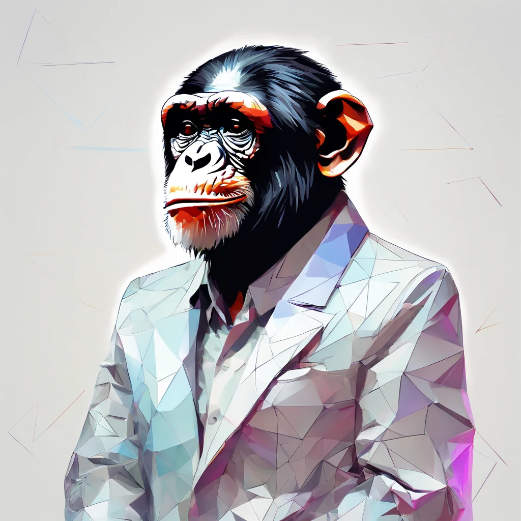 Perfect alignment, Cute little chimpanzee, Wearing a jacket，crystal vases，Rose flower, Wearing sunglasses, cheerfulness, Standing position, Abstract beauty, Centered, Looking at the camera, Facing the camera, nearing perfection, Dynamic, Highly detailed, smooth, Sharp focus, 8K, high definition resolution, illustration, Art by Carne Griffiths and Wadim Kashin, White background