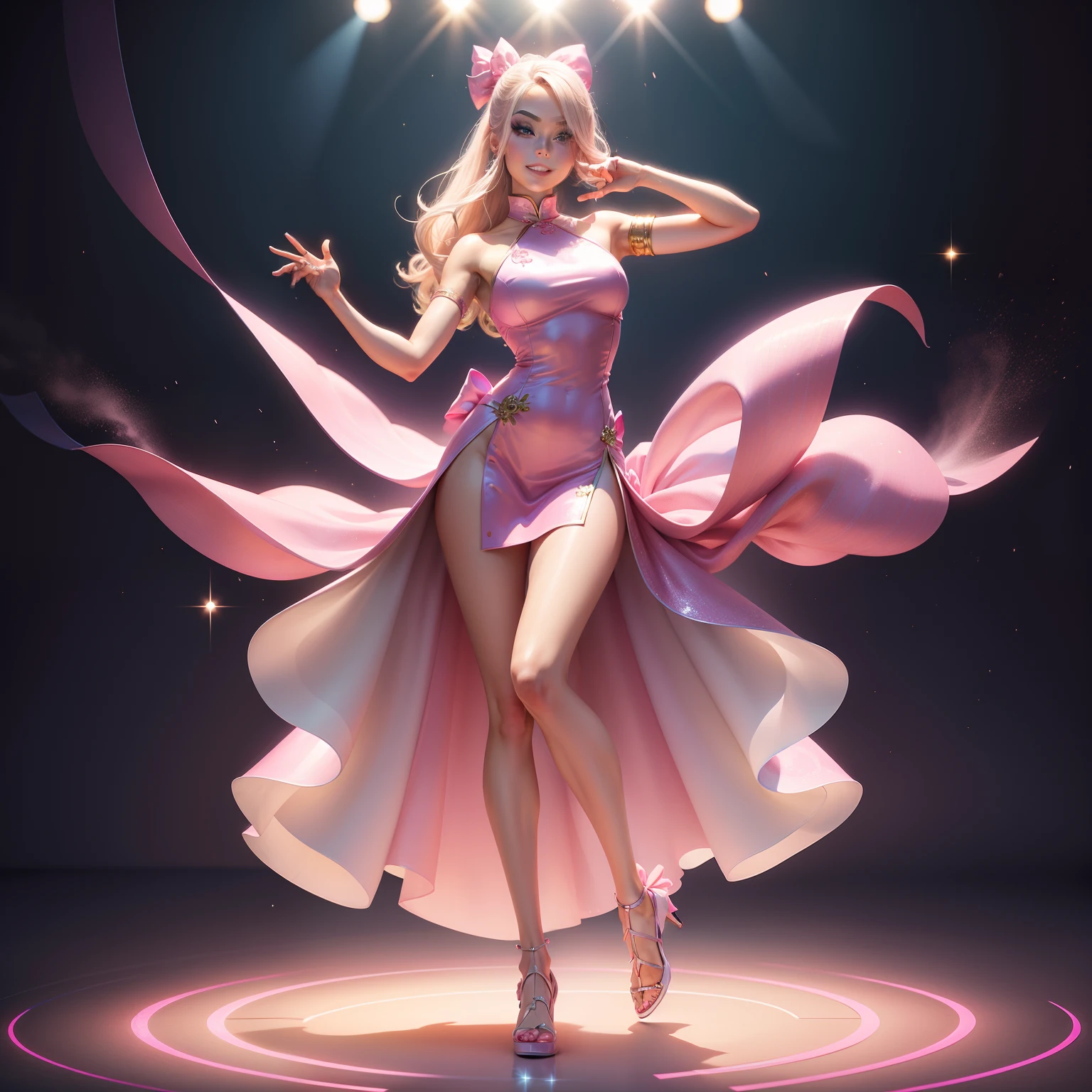 One Barbie, ((Full body)),8th class, Blue eyes, Smiling face, Hair loss swaying in the wind, Hip Hop Singer Pose, Dressed in hip-hop style, Wear a pink super long dress,swarovski,pasties,With a pink bow on the arm, Fashion, Extremely high quality, high details, 8K, clean back ground, in studio, ((Full body shot)),Align your fingers neatly,Accurate Hand Modeling,wave her hand,