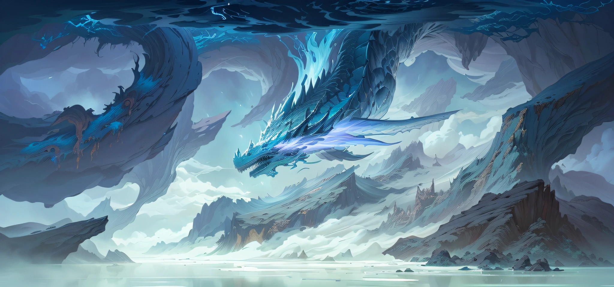 There is a dragon flying over a body of water, detailed digital 2d fantasy art, a dragon made of clouds, concept art wallpaper 4k, digital 2d fantasy art, detailed digital concept art, detailed fantasy digital art, epic fantasy digital art style, detailed fantasy illustration, 4k detailed digital art, Highly detailed digital painting, highly detailed fantasy art, by Ryan Yee