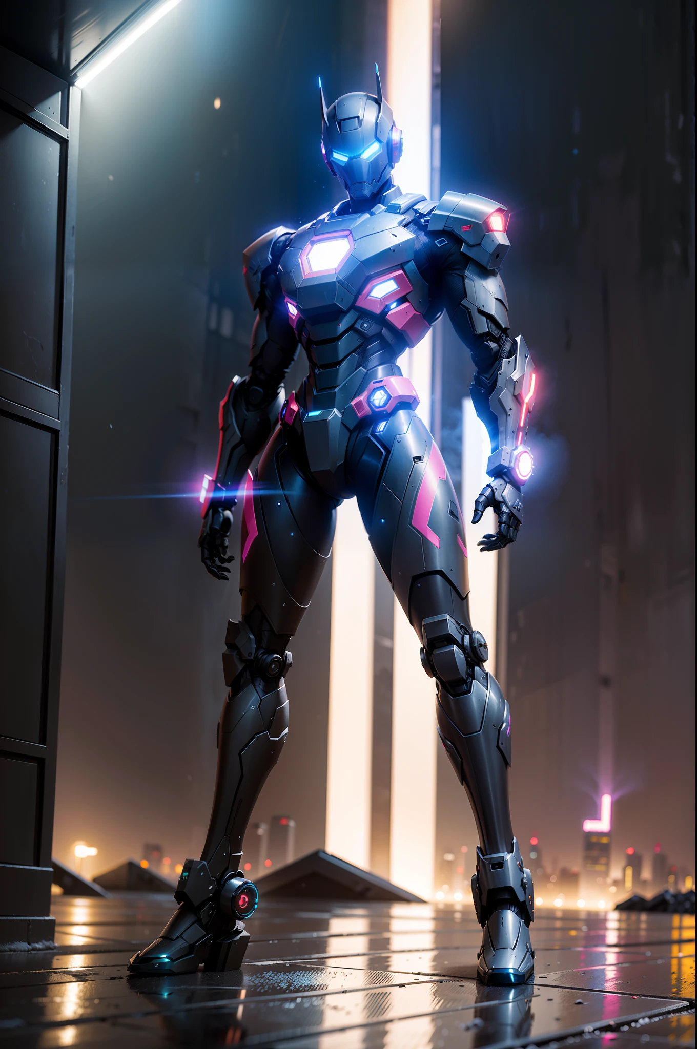 realistic, best quality, (masterpiece:1.2), absurdres, (1boy, solo), fashion photography of superhero, lips, flat chest, handsome, black hair, a handsome boy wearing Iron Man Costume, full body portrait, soft design, natural lights, looking at viewer, (Dark midnight neon glow cyberpunk Gotham City background:1.3)