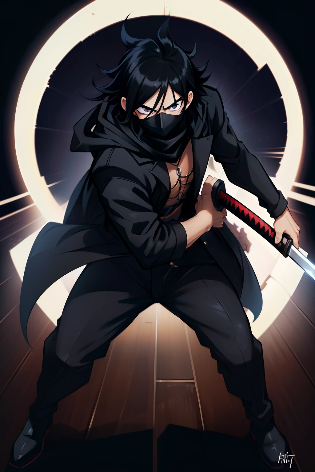 man Black mask covering mouth, male character (long, wavy hair),(black hair),(((black mask))),(heavy black scarf),(gas condition),(((black overcoat))) ,(night moonlight),(tanned skin tone),(holding a katana),(8k pretty face),(floor),(spectators),(bright environment),(fighting move),((speed)) , hand-drawn anime style, dynamic, full length, animation quality, ANIME icon, looking at face camera, 8k, full length, best background, masterpiece, awesome titles, ultra hd |, insane title , perfect hands