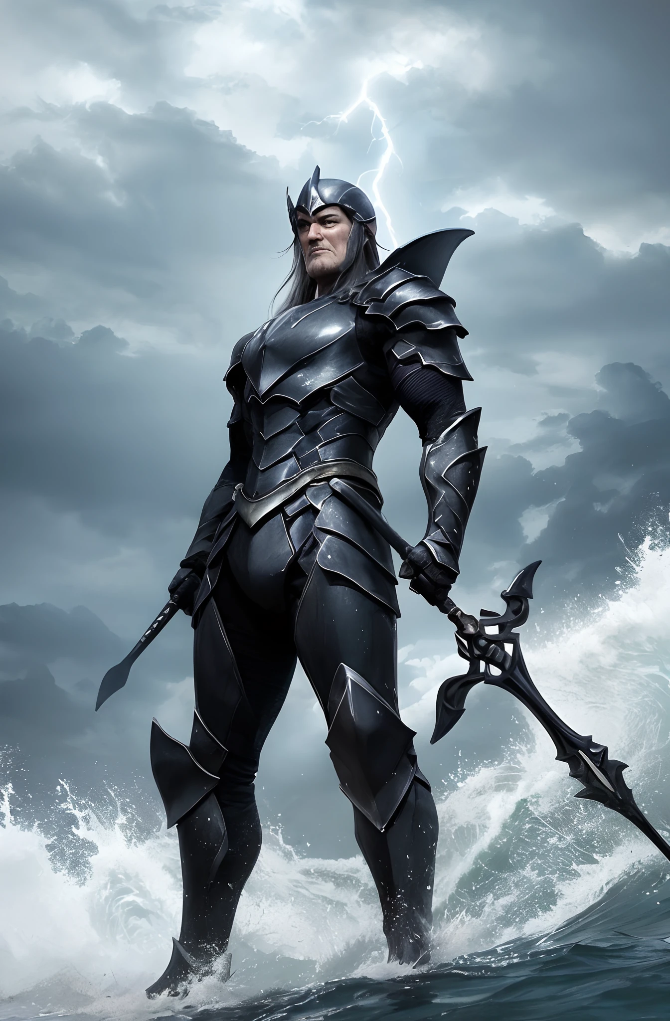 Wearing black armor，Step on the waves，Around the storm，Backed by lightning，A majestic middle-aged man holding a trident。 Poseidon muscles