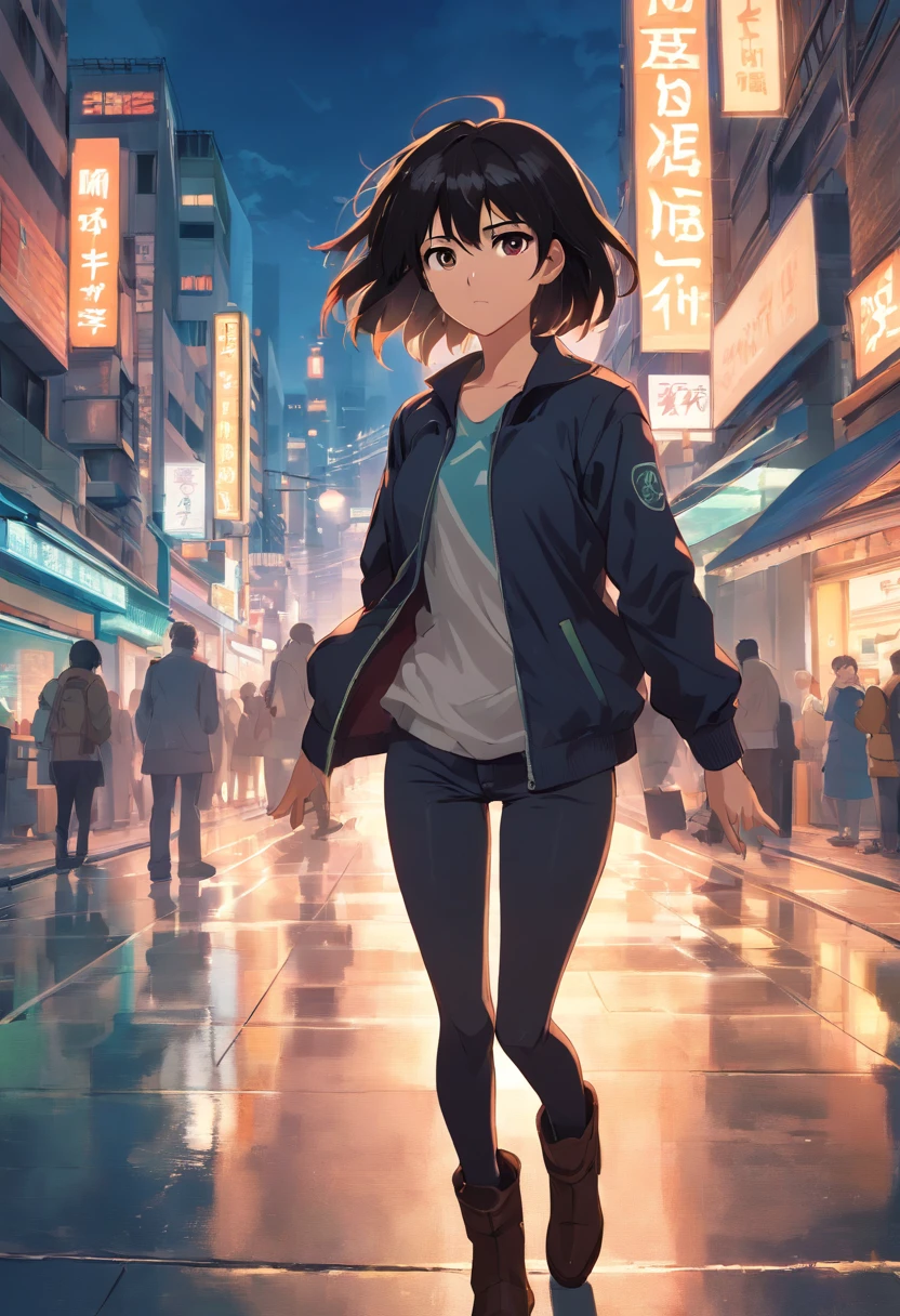 8k, NO missing hands, Look up at the camera, olhos vazios, Dynamic, 1girl, solo, mid hair, black hair, brown eyes, angry, 26 years old, mature female, black jacket, white shirt, black pants, black knee boots, outline