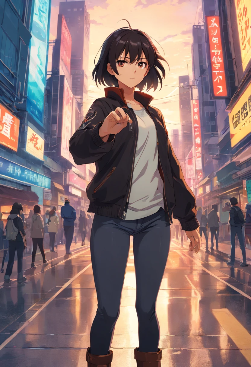 8k, NO missing hands, Look up at the camera, olhos vazios, Dynamic, 1girl, solo, mid hair, black hair, brown eyes, angry, 26 years old, mature female, black jacket, white shirt, black pants, black knee boots, outline