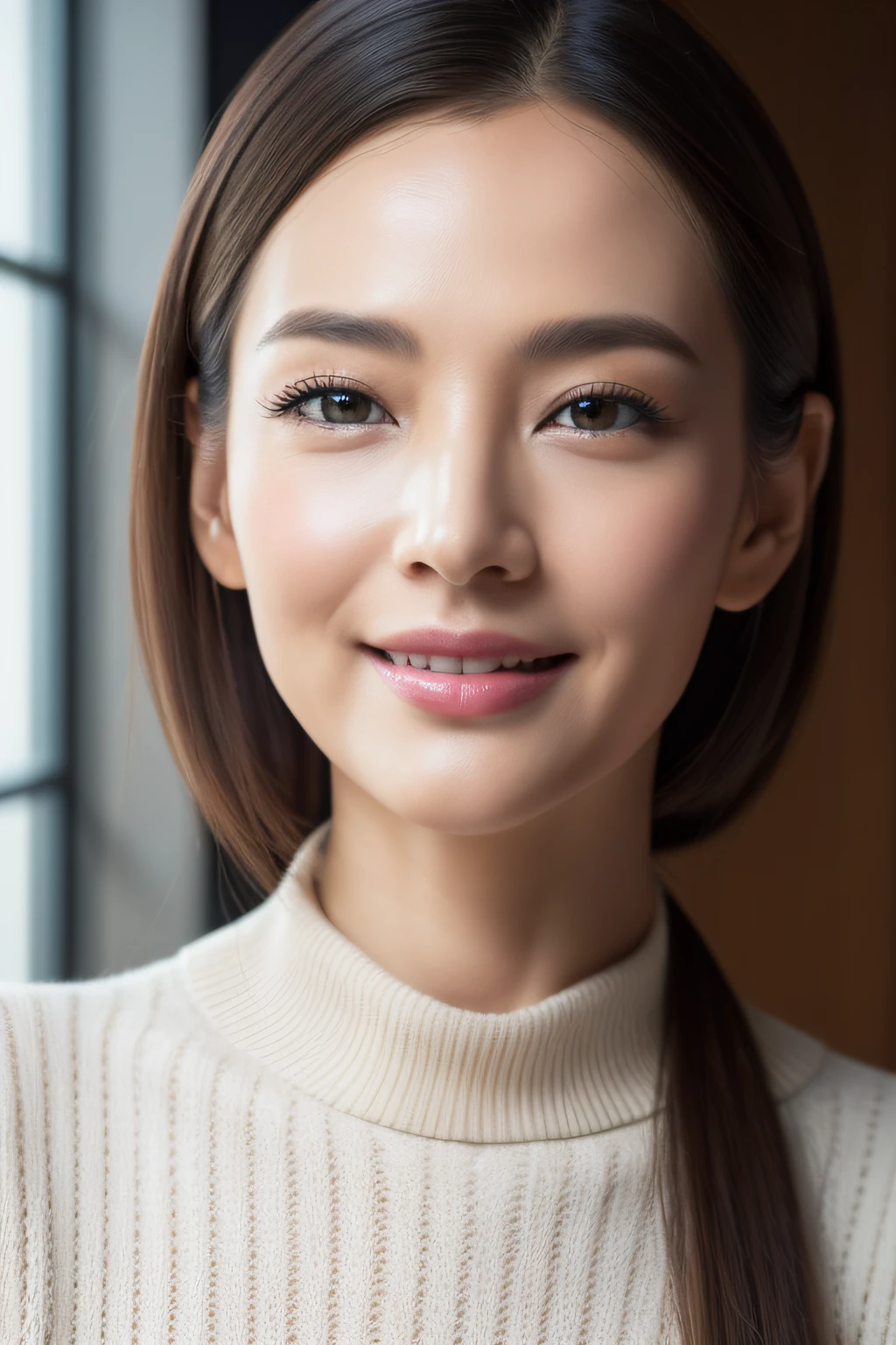 (A hyper-realistic、reallistic、top-quality、Raw photography、masterpiece:1.3)、(Hoihoi:1.2)、(A hyper-realistic), (illustratio), (Hi-Res), (in 8K), (ighly detailed), (The best illustrations), (beatiful detailed eyes), (top-quality), (ultra-detailliert), (Master masterpiece), (详细的脸)、sixty years old、cheekbones stand out、Wrinkles at the corners of the eyes、、drooing eyes,full of sweat、Heavy sweat、Mature and attractive woman、bbw、Chunky lips、shiny lips、Halter neck sweater、Black leather miniskirt、large boob、A smile、masterpiece、top-quality、fully body photo、High subcutaneous fat、Washstand