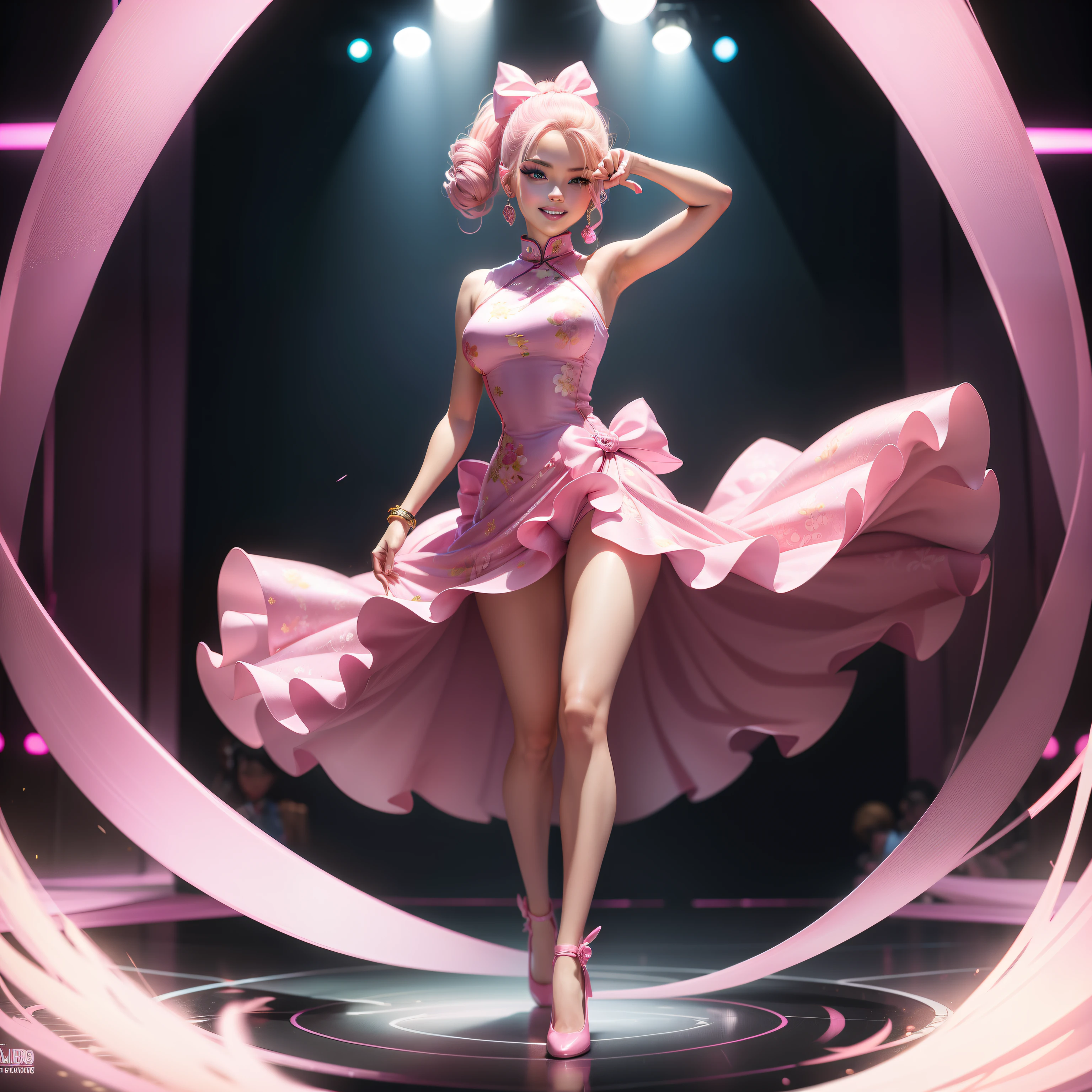 Barbie, ((Full body)), Blue eyes, Smiling face, Hair loss swaying in the wind, Hip Hop Singer Pose, Dressed in hip-hop style, Wearing a pink cheongsam that reflects light like a ball of mirror glowing with sequins, With a pink bow on the arm, Fashion, Extremely high quality, high details, 8K, clean back ground, in studio, ((Full body shot)),Fingers are realistic,Accurate Hand Modeling,