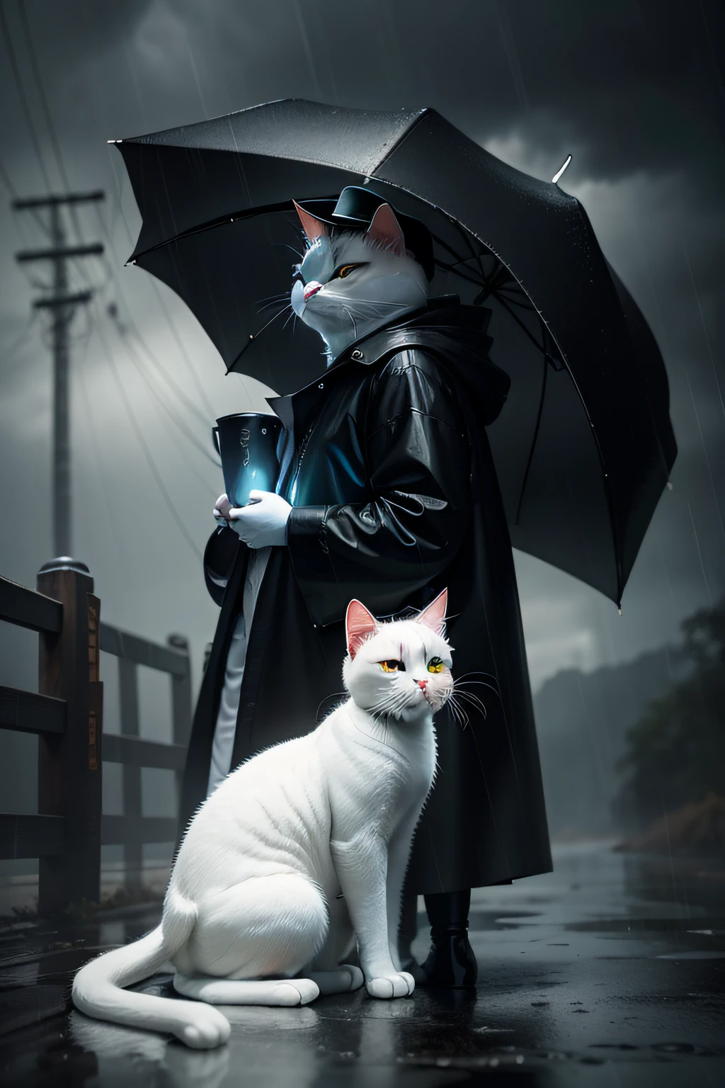 White cat wearing a black raincoat，Hat with raincoat，Stormy weather，With cinematic lighting and ultra-realistic details，photograph of-realistic，cinematic photogtaphy，incredibily detailed，cinmatic lighting