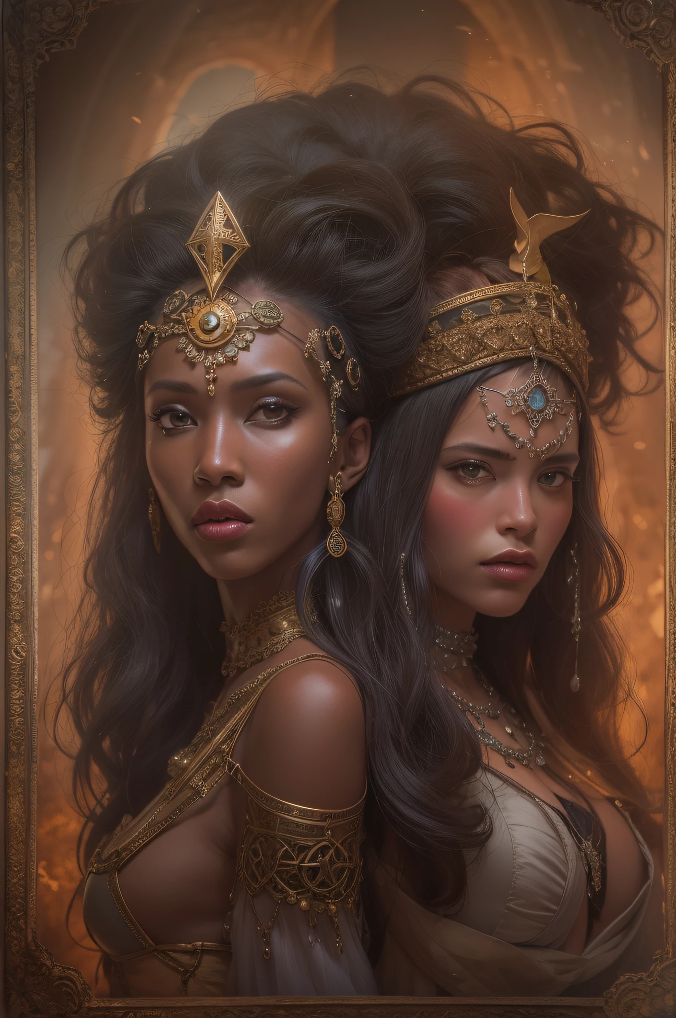 (Top Quality, 4k, 8k, Highres, Masterpiece: 1.4), two enchanting sorceresses with voluminous hair and ample breasts and hips, their bodies adorned with intricate henna mystic symbols and dazzling jewels, deep in concentration as they prepare to cast a ritual, set against the backdrop of ancient ruins,
The scene is rendered in exquisite detail, each line and curve of the sorceresses' faces captured with extreme precision and realism, their eyes glowing with an ethereal light as they focus on the task at hand. The textures of their intricate henna tattoos and glittering