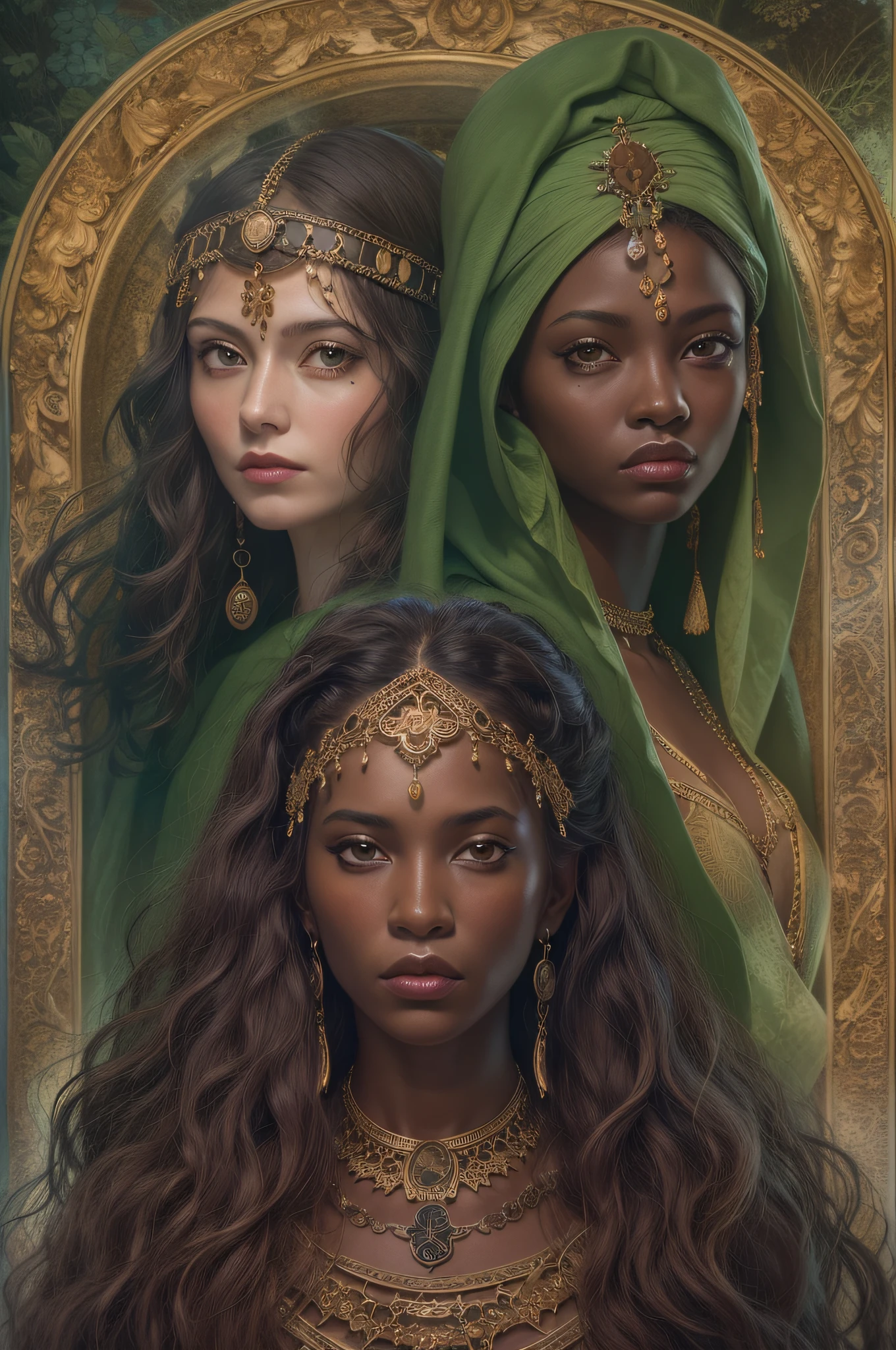 3 witches - goddesses portrait, one from Celtic religion, another one from Africa and the last one from latin America