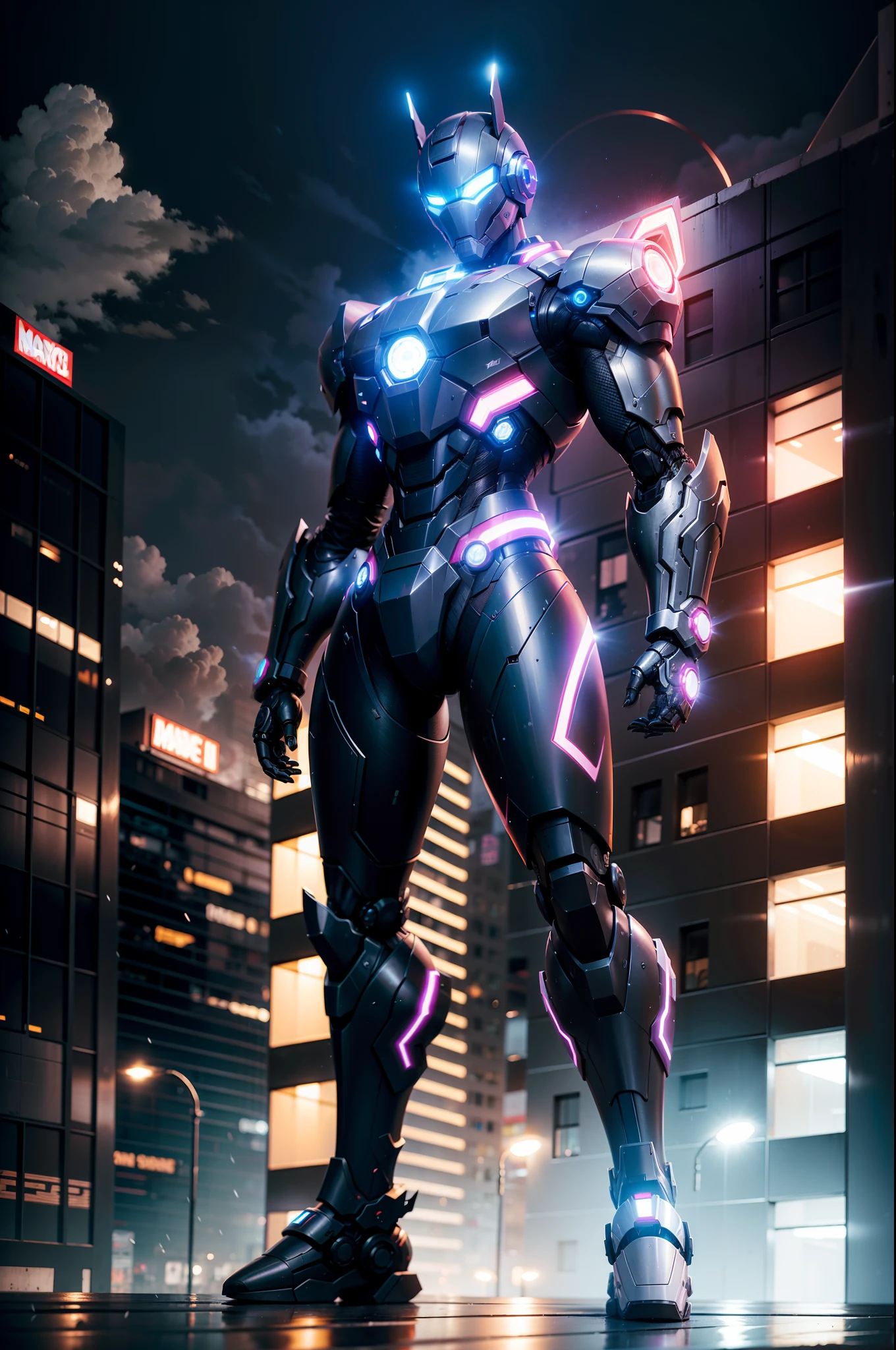 robot inspirado no personagem maquina de combate da marvel nas cores vemelho e preto em uma cidade futurista em uma noite de chuva com luzes neon refletidas na paisagem