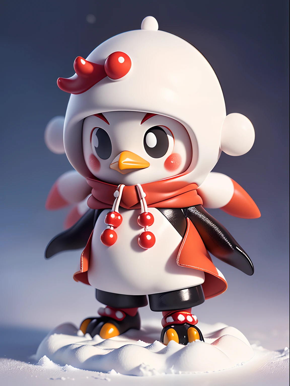 Red cliffs all over (Anthropomorphic penguins) (Whole body :1.2) (Stand on the snow) (surrounded by snowflakes) (Kung Fu Penguin) (Water droplets fall) (Best quality) (Clean background) (schoolboy) (The background is blurred out) Detail Beautiful Face, Details beautiful eyes，mini figure ,ip,chili,.3D,C4D,overclocking,Renders,Abs,3 seconds,PVC,popmart