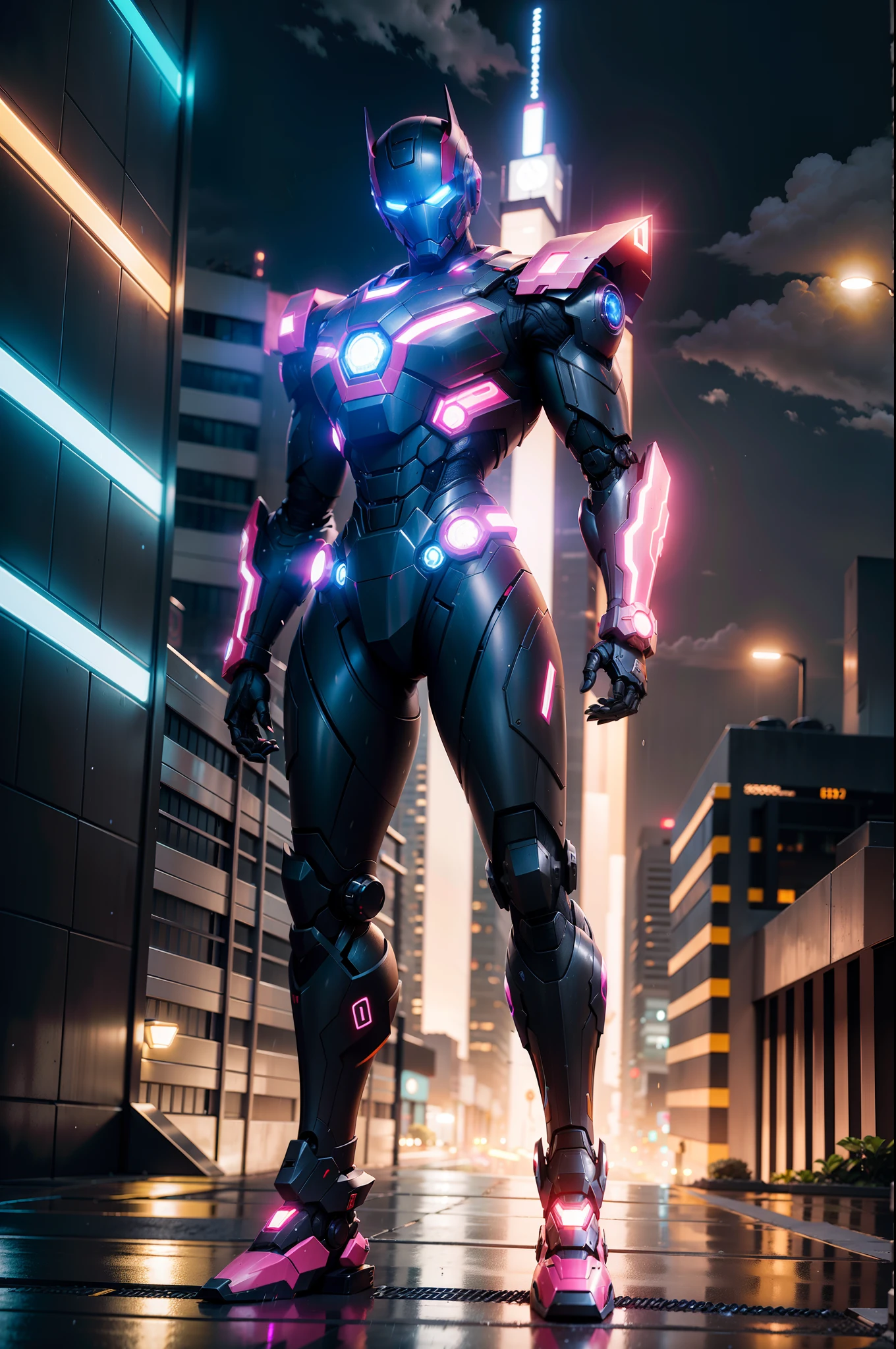 robot inspirado no personagem maquina de combate da marvel nas cores vemelho e preto em uma cidade futurista em uma noite de chuva com luzes neon refletidas na paisagem