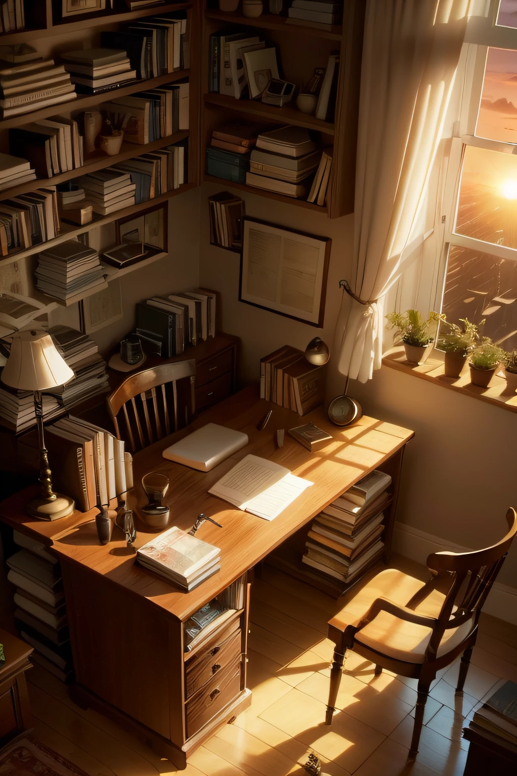 A corner of the study,An evening with a sunset,Sunlight shining on the desk,Desks are cluttered with books and drawing tools,And an honest computer