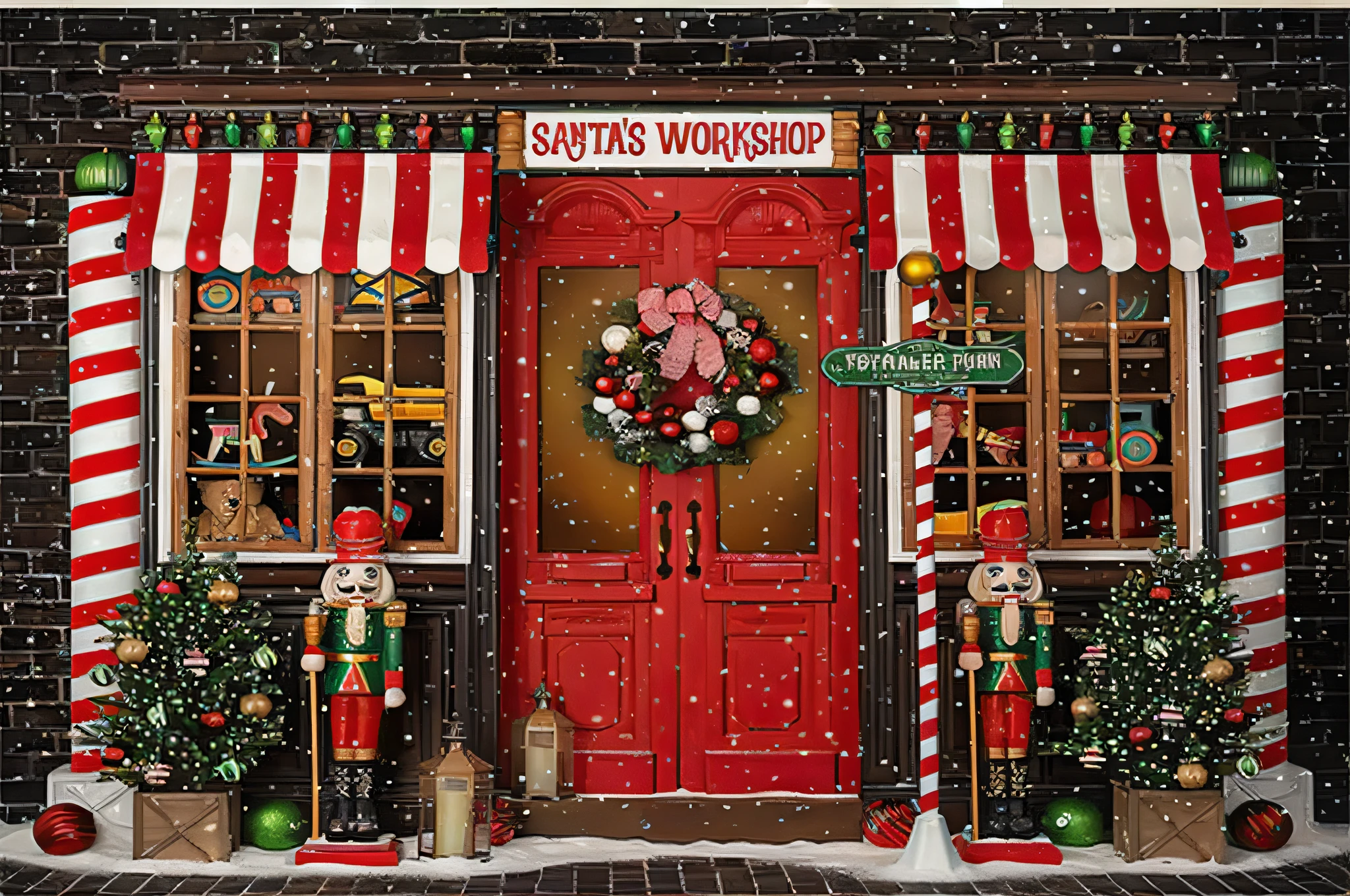 Image of Aalfed in a Christmas shop with ornaments and red doors, Santa Claus Studio, santa, hyper realisitc, detailled image, Ultra photo realsisim, Full details, By senior artists, children's, author:Ishaq Holtz, author:Catherine Scott, author:Brian Thomas, Christmas, Realistic depiction, wondrous, author:Susan Heidi, lisa parker, Detailed!
