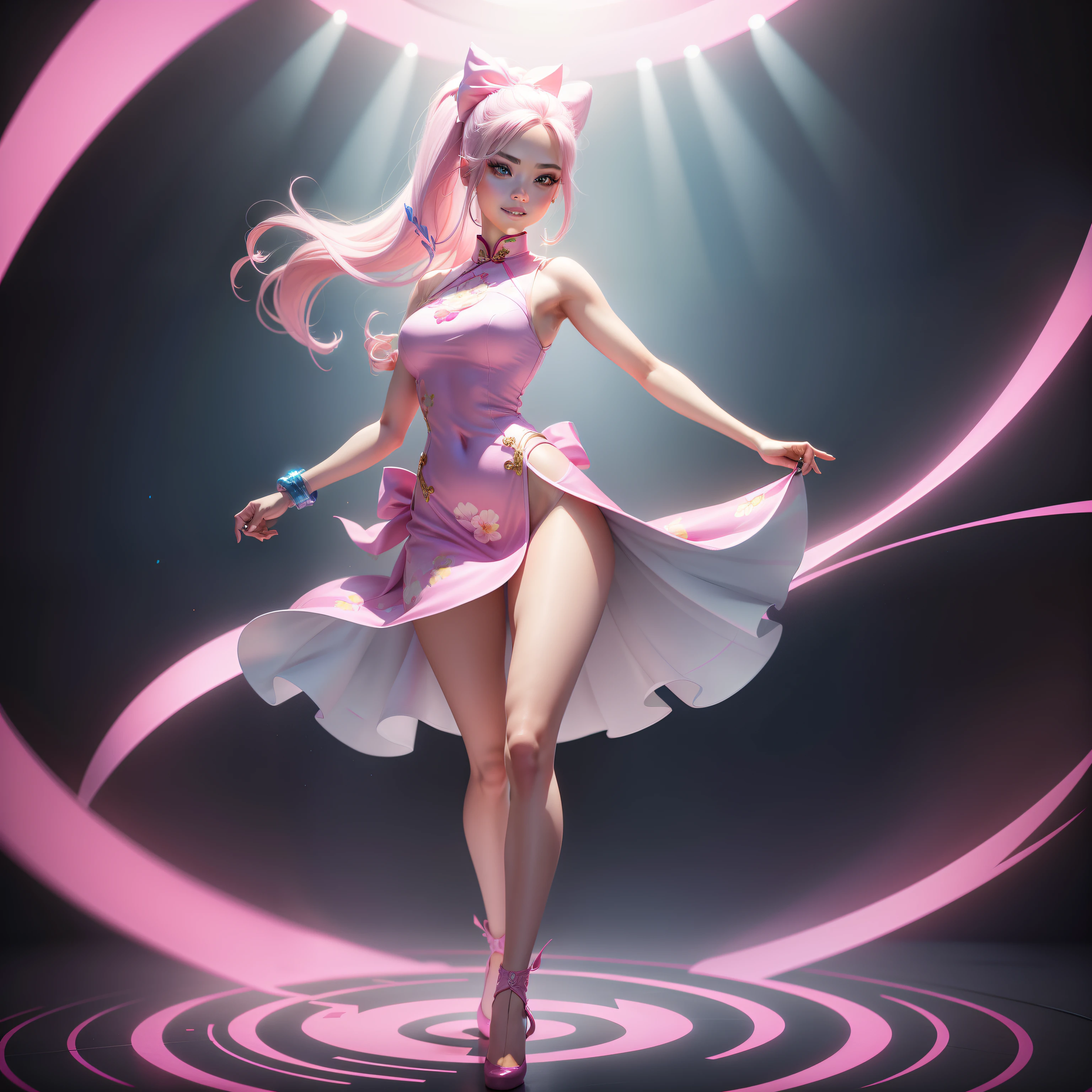 One Barbie, ((Full body)),8th class, Blue eyes, Smiling face, Hair loss swaying in the wind, Hip Hop Singer Pose, Dressed in hip-hop style,white dres,swarovski,pasties,With a pink bow on the arm, Fashion, Extremely high quality, high details, 8K, clean back ground, in studio, ((Full body shot)),Align your fingers neatly,Accurate Hand Modeling,wave her hand,