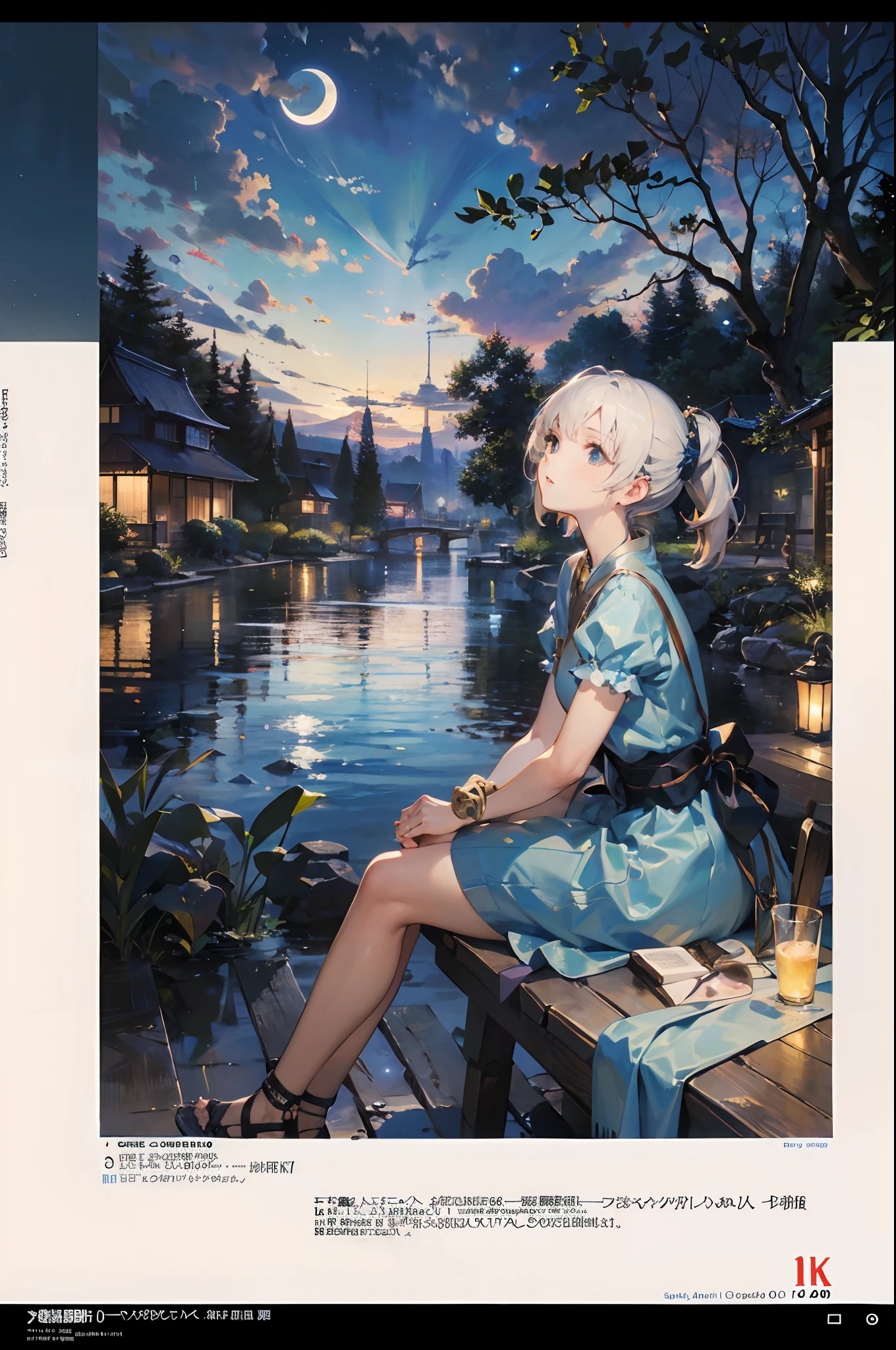 (Official art、Best Quality、Unity 8k Wallpapers、32K、masterpiece、ultra-detailliert、超A high resolution、Oil painting style:1.2)、Detailed beautiful face and eyes、A slender、Medium bust、(Full body:1.2)、(sideshot、Looking up at the moon、Looking away:1.2)、Highly detailed background、beauitful face、blurry backround、a beauty girl、(super detailed skin、detailed skin textures:1.3)、Japan garden、cowboy shot、Sit on the porch、One full moon in the sky、Moon、dumpling、