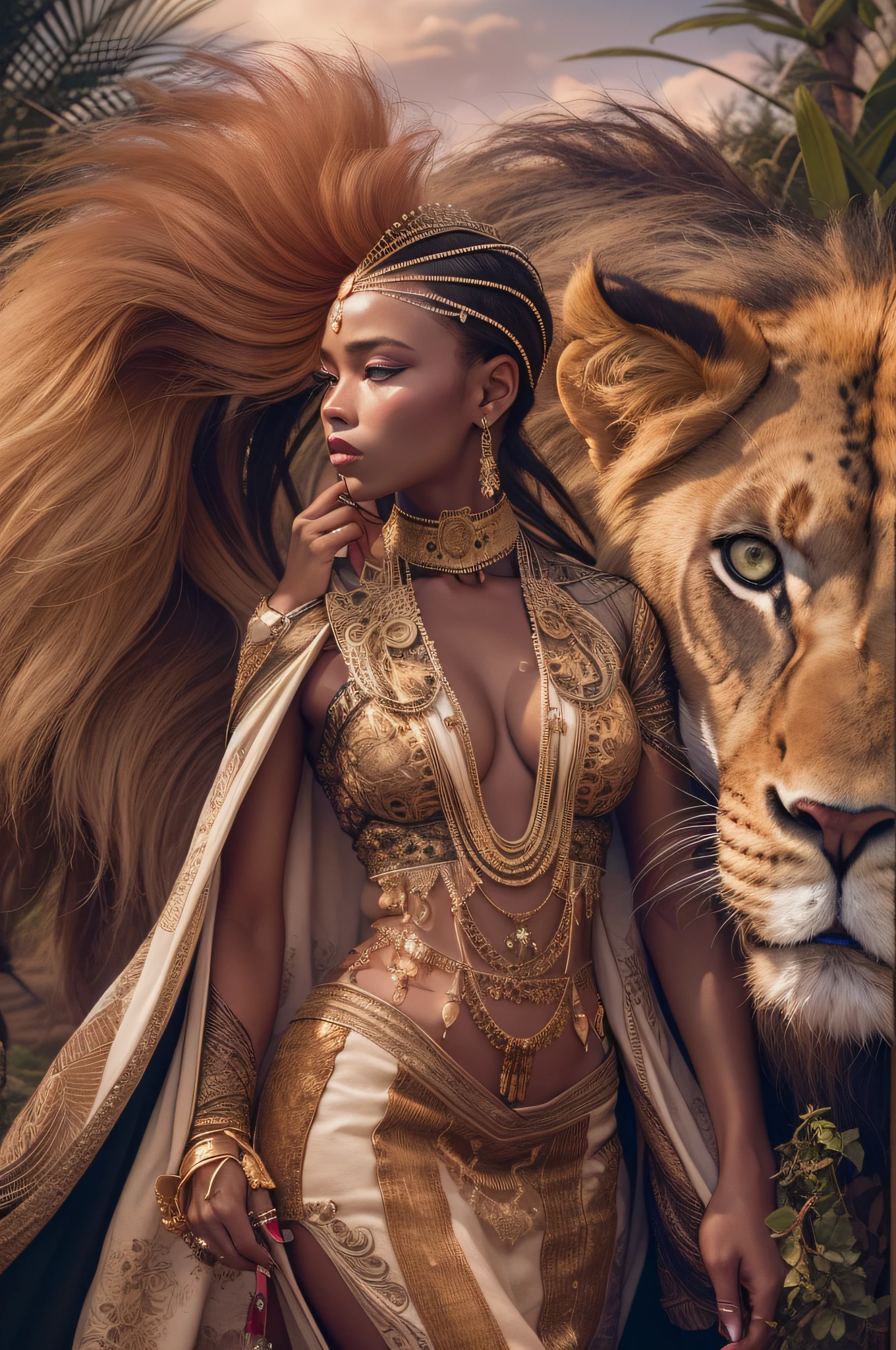 Fashion editorial shooting by Dior, Stunning Goddess of Africa, Savana, Lion, Panther, Vogue, intricate, detailed outfits, hyperrealistic photography, Vogue fashion, sharp focus, cinematic, hdr, 8k