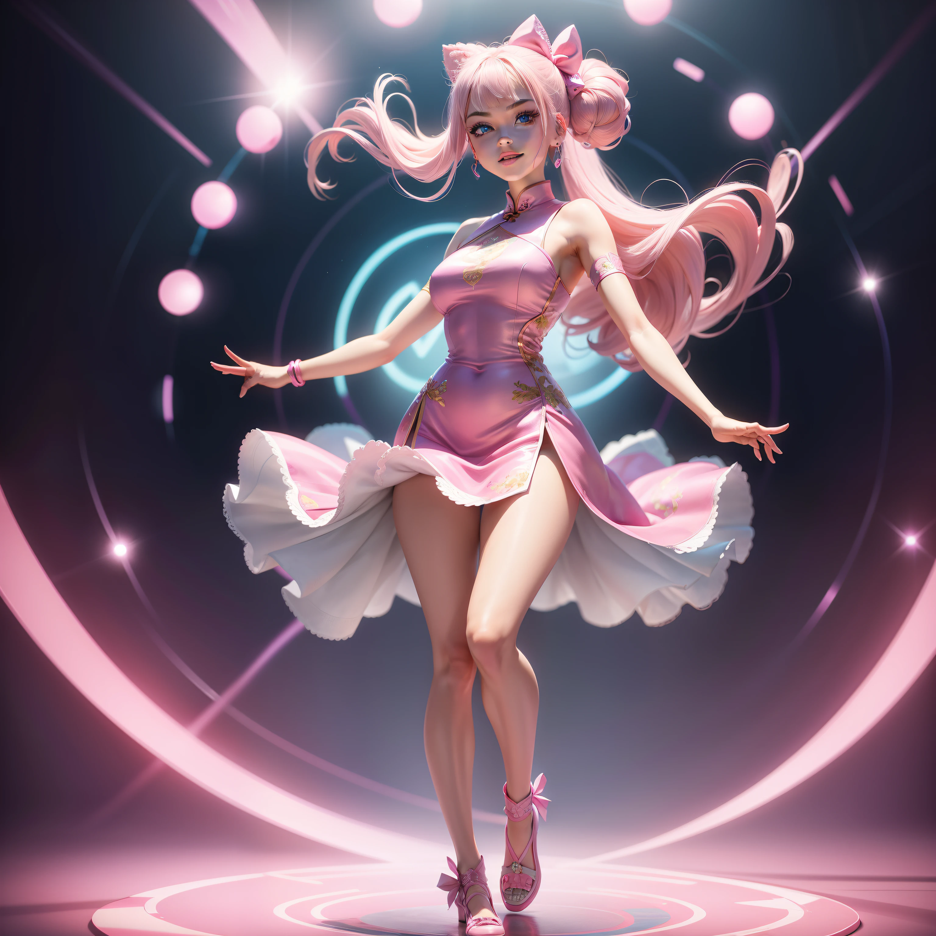 Barbie, ((Full body)), Blue eyes, Smiling face, Hair loss swaying in the wind, Hip Hop Singer Pose, Dressed in hip-hop style, Wearing a pink cheongsam that reflects light like a ball of mirror glowing with sequins, With a pink bow on the arm, Fashion, Extremely high quality, high details, 8K, clean back ground, in studio, ((Full body shot)),Fingers are realistic,Accurate Hand Modeling,