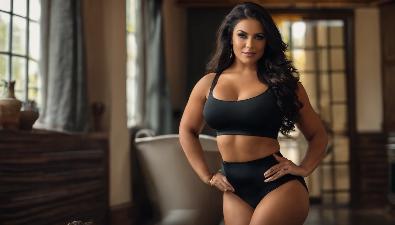 Mujer con un top negro y bragas negras de pie en una cocina, cintura delgada y caderas medianas, Foto en forma, buenas caderas y piernas largas, Cuerpo fitness, Traje ajustado, cuerpo perfecto, Chica en forma, fit curvy physique, cuerpo fitness, muslos estilisados, Piernas estilisadas, Cuerpo perfecto y proporcional