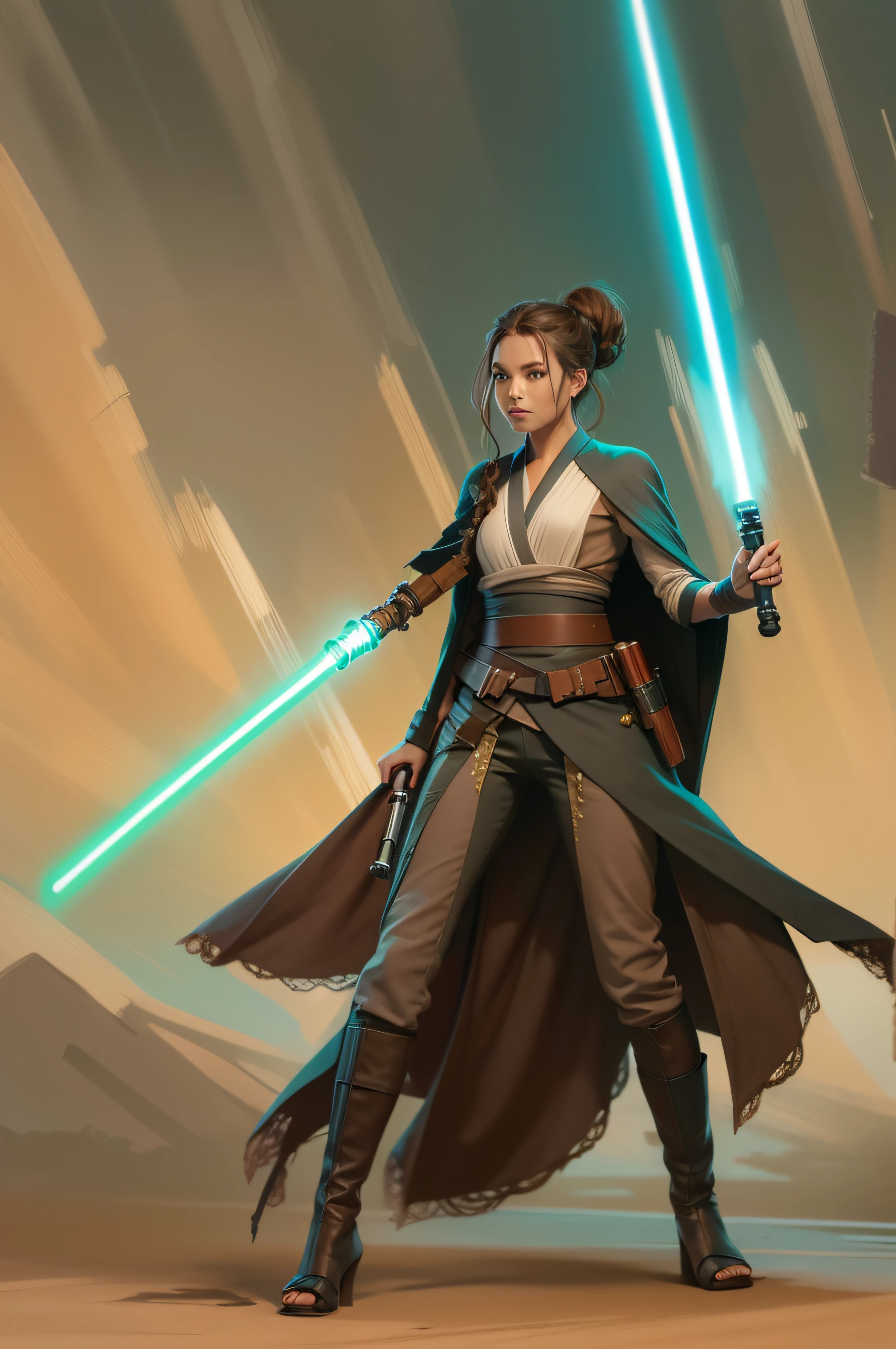 Illustrated character concept art of a female human Jedi knight, star wars, slender physique, wild brown braided hair blows in the wind, Jedi robes and tunic, black belt, carrying two turquoise lightsabers, highly detailed, establishing shot, star wars concept art, wild and free