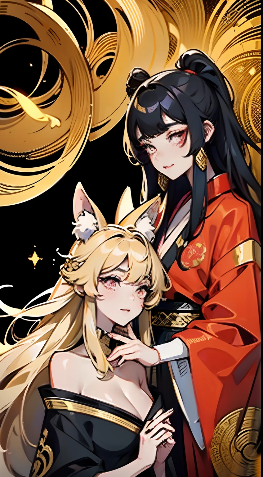 2girls posed close together, girl1 has golden fox ears and tail, long golden hair with red kimono; girl 2 has black hair and red eyes, in black and gold with egyptian clothes ; gold accents, galaxy background, high camera angle, UHD, high quality, high details, 8k