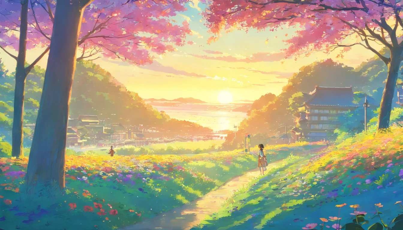 Uma vez, vila pitoresca, jardim encantado, Unique flowers, luar brilhante, whispering trees, Segredos, Ouvi atentamente. Anime-like | Arte de fundo | Paisagens requintadas | Seres divinos々Shikai | Objetos naturais | Estilo Studio Ghibli | You can feel the sensation of brush strokes.