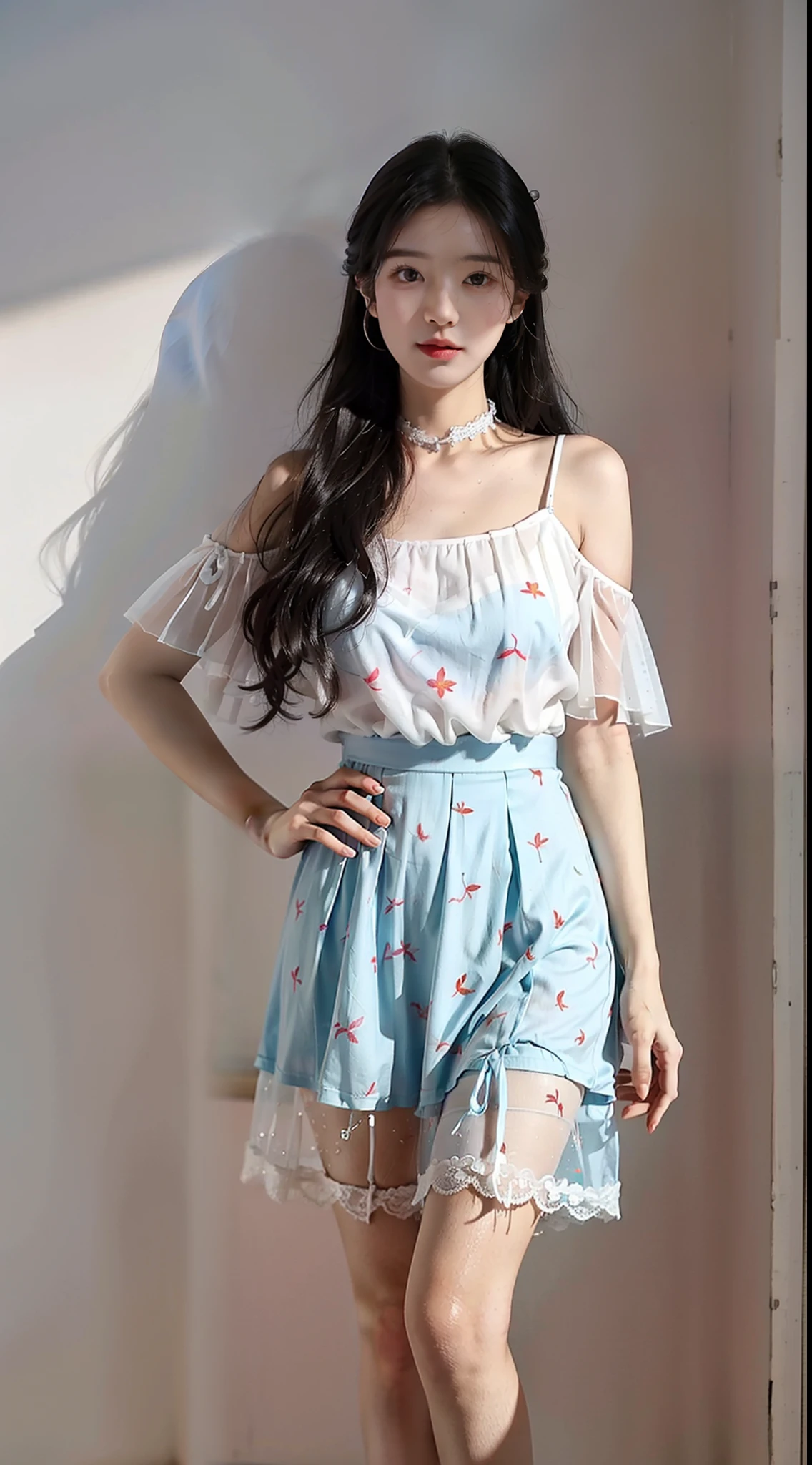 A perfect young female white-collar worker，Chinese big breasts，High picture quality，Works of masters，Black hair，Long hair shawl，Long hair flowing over the shoulders，Beach wave hairstyle，耳Nipple Ring，jewelry，choker necklace，cropped shoulders，鎖骨，exquisite face，Hydrated red lips，（（Wear colorful and stylish summer sailor suits））（red colour，blue colors，green color，Violet-orange，In pink，amarelo，Printed clothing），Kurfo，，Colorful pleated skirt，Shadow lace skirt，Sparkling gemstone dress，Lightning astral dress，Crystal elements，Embroidery pattern elements，Fringed skirt，snowflake dress，Moonlight skirt，Butterfly fairy dress，Drizzle dress，lumnious，white stockings，（stocklings），Lace material，Silk clothing，Real Human，（White interior wall background：1.5），CG rendering，16k，Stand up，Empty interior，Do not show your hands，Close-up shot，（（Faraway view））
