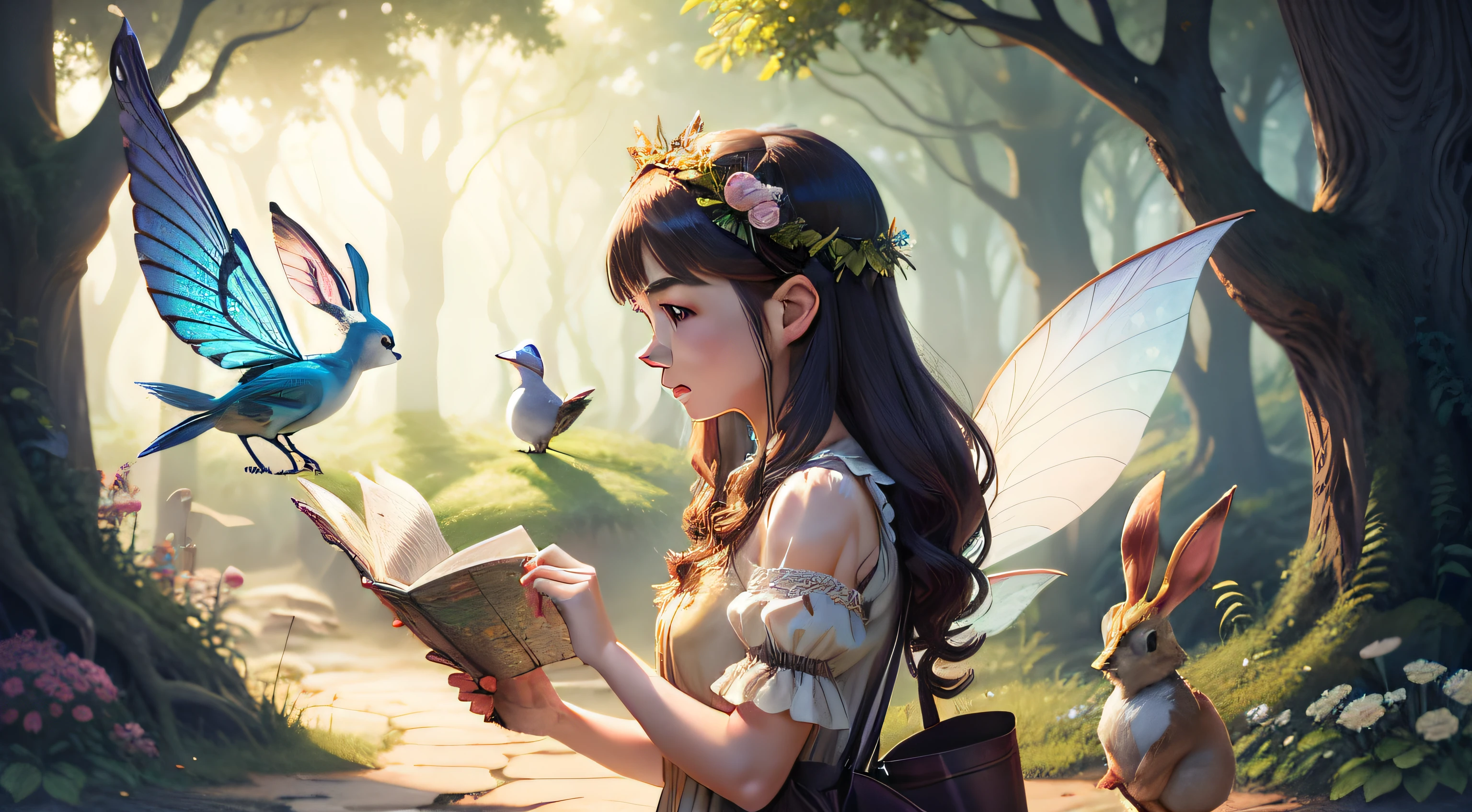 An enchanted fairy, a rabbit, a bird, looking at a map
