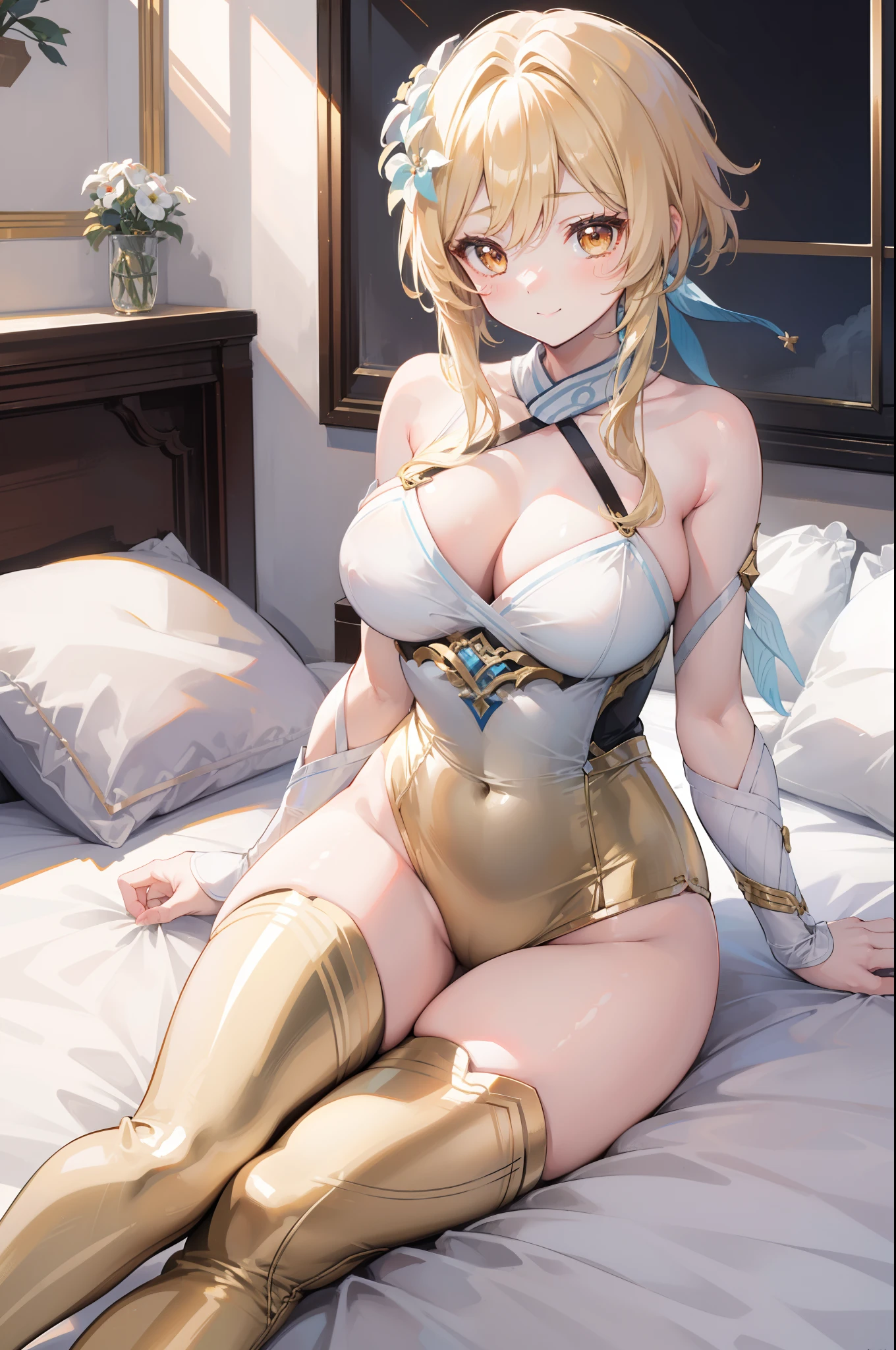 (masterpiece)1 girl, Lumine, Genshin Impact, best quality, expressive eyes, perfect face, upper Big body, smile, blush, Wearing Golden Leggings and Skin Tight Red and Golden Camisole, indoors, day, simple background, Laying in Bed, looking horny Bright sky, looking at viewer, stairs, moody lighting