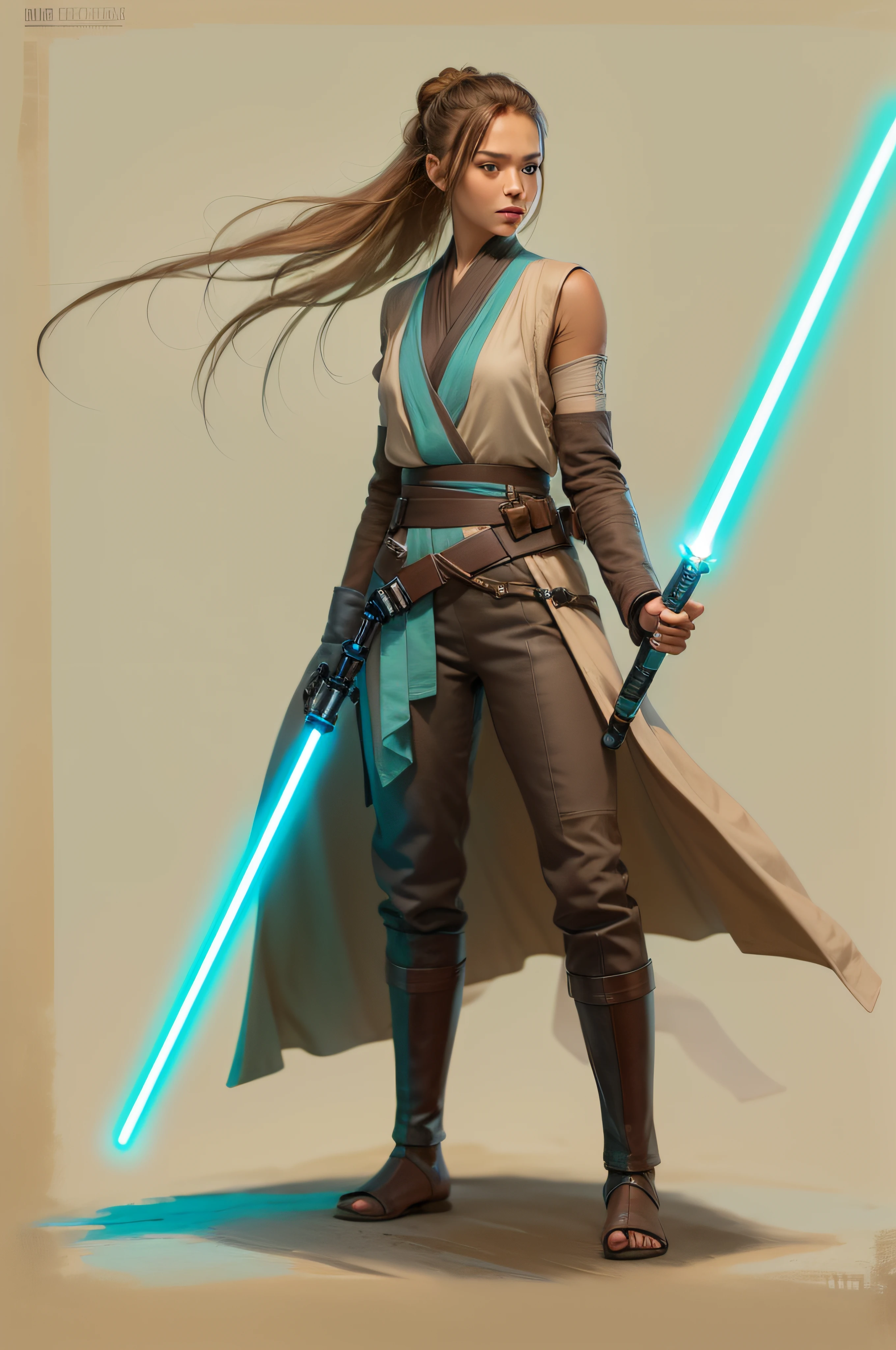 Illustrated character concept art of a female human Jedi knight, star wars, slender physique, wild brown braided hair blows in the wind, Jedi robes and tunic, black belt, carrying two turquoise lightsabers, highly detailed, establishing shot, star wars concept art, wild and free