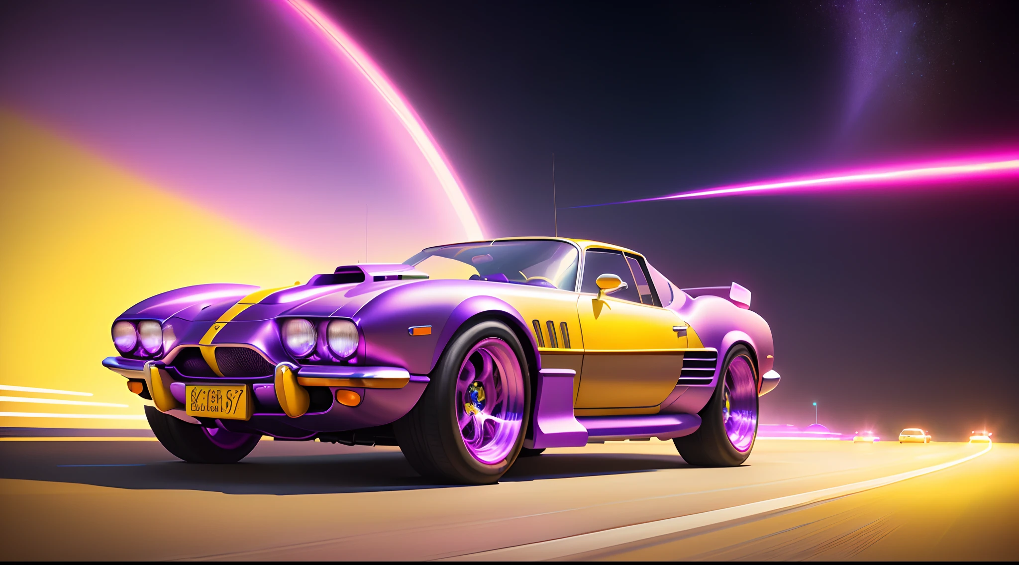 painting of a classic car in a purple and light yellow color, an airbrush painting , trending on polycount, retrofuturism, stylized digital illustration, highly detailed hyper real retro, stylized digital art, in style of cyril rolando, cinema 4d colorful render, art deco outrun anime aesthestic, colorful vivid octane render