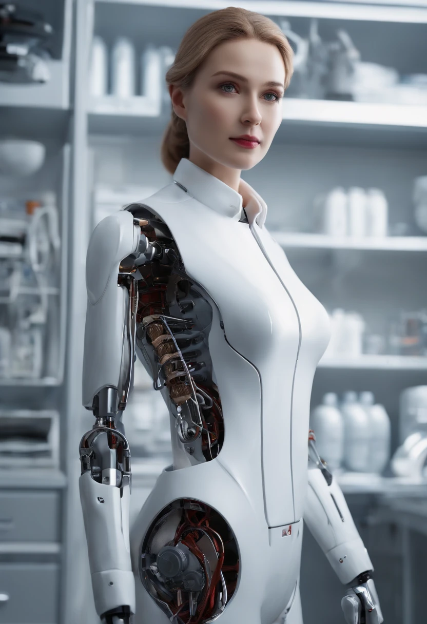(8K、top-quality、masterpiece:1.2)、(reallistic、Photorealsitic:1.37)、The ultra-detailliert、superrealism、tre anatomically correct、Female doctor repairing standing female robot、Human male head、Mechanical fuselage、hospitals、Operating table、surgery、Female doctor in white coat、Bloods、heart mark、viscera