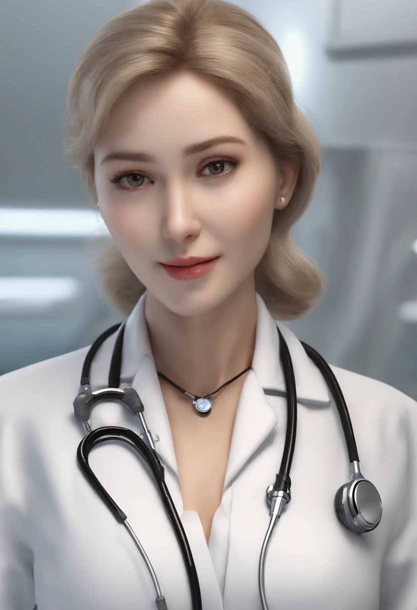 (8K、top-quality、masterpiece:1.2)、(reallistic、Photorealsitic:1.37)、The ultra-detailliert、superrealism、tre anatomically correct、Female doctor repairing standing female robot、Human male head、Mechanical fuselage、hospitals、Operating table、surgery、Female doctor in white coat、Bloods、heart mark、viscera