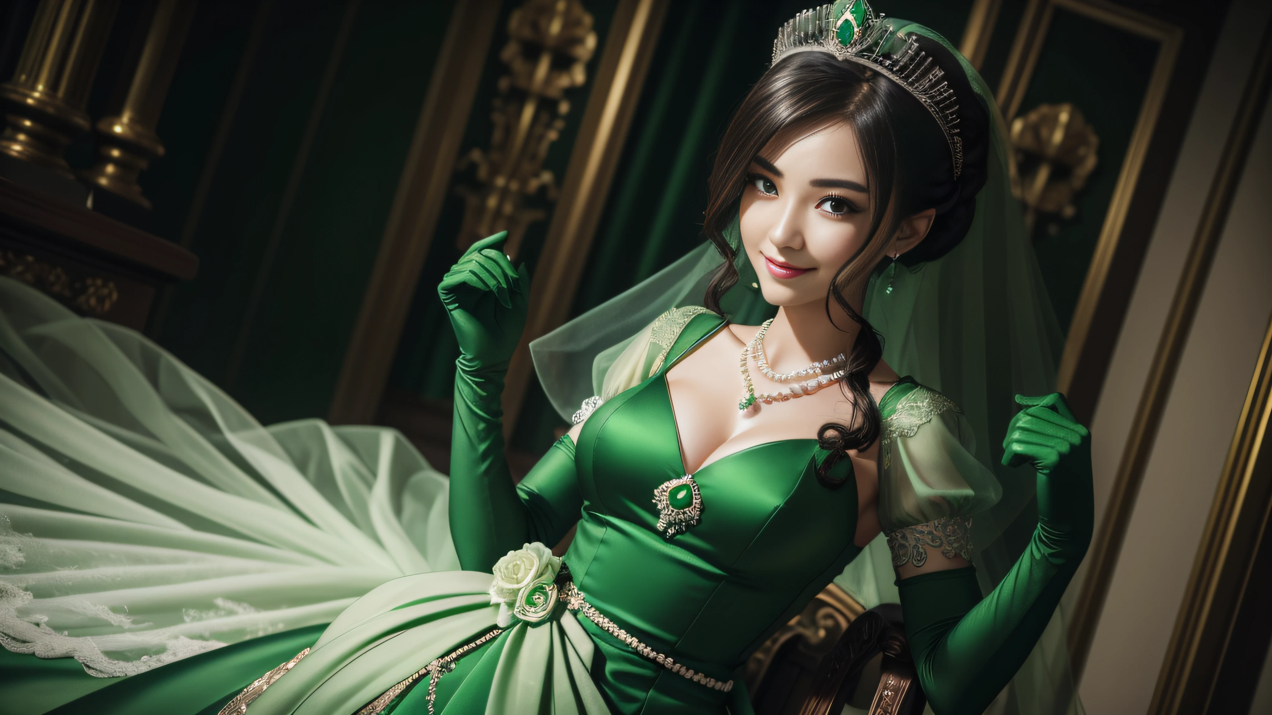 studio lights、depth of fields、full body Esbian、A slender、cute face、A smile、Beautiful detail eyes、Green Dress Flower Cleanser,Sense of atmosphere, best qualtiy,tmasterpiece,1girll,30-years old,Green dress,Daytime Church,full body Esbian, Green gloves,masculine very short hair,big breasts beautiful,looking at viewert,ssmile,Green Bridal Veil,Green Long Grove,Satin green long gloves, lipsticks, Pearl Necklace、Green gloves, emerald tiara, A Japanese Lady, Detailed Five Fingers, Heart with both hands