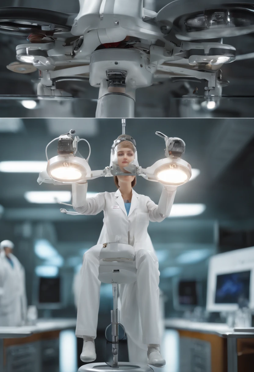 (8K、top-quality、​masterpiece:1.2)、(reallistic、Photorealsitic:1.37)、The ultra-detailliert、superrealism、tre anatomically correct、Female doctor repairing standing female robot、Human male head、Mechanical fuselage、hospitals、Operating table、surgery、Female doctor in white coat、Bloods、heart mark、viscera