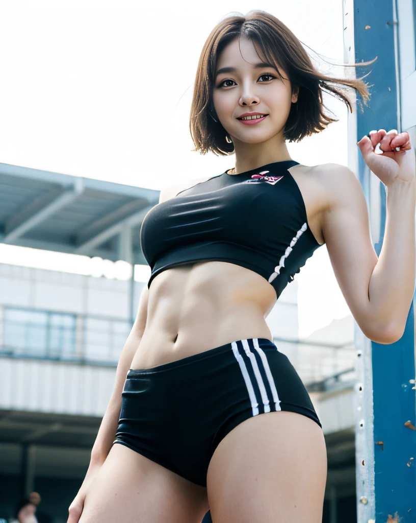 zydG, ((cowboy shot)),((from below)), 1girls, Front view, stand, looking the viewer, exposed skin, (from below),brown-eyed, (brown very short hair:1.2), (light hair), (medium breasts:1.4), smile with white teeth, (photorealestic:1.4), (Top image quality:1.0), (UltraHighResolution:1.0), 8K, Raw photography, (A masterpice:0.2), track and field uniforms, show abs, (sweat, wetty:1.1), portlate, facefocus, ful body,(pureerosface_v1:0.5), outdoor, track and field,