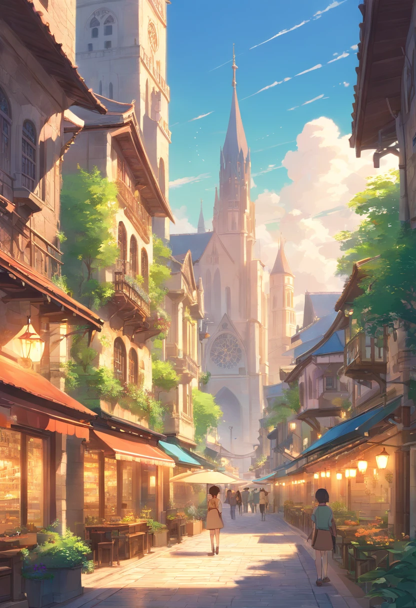 Fantasy art, ciudad medieval, Fantasy City, hermosa ciudad con jardines, plaza con una fuente en el centro, bello edificios, Magnificent fantasy city